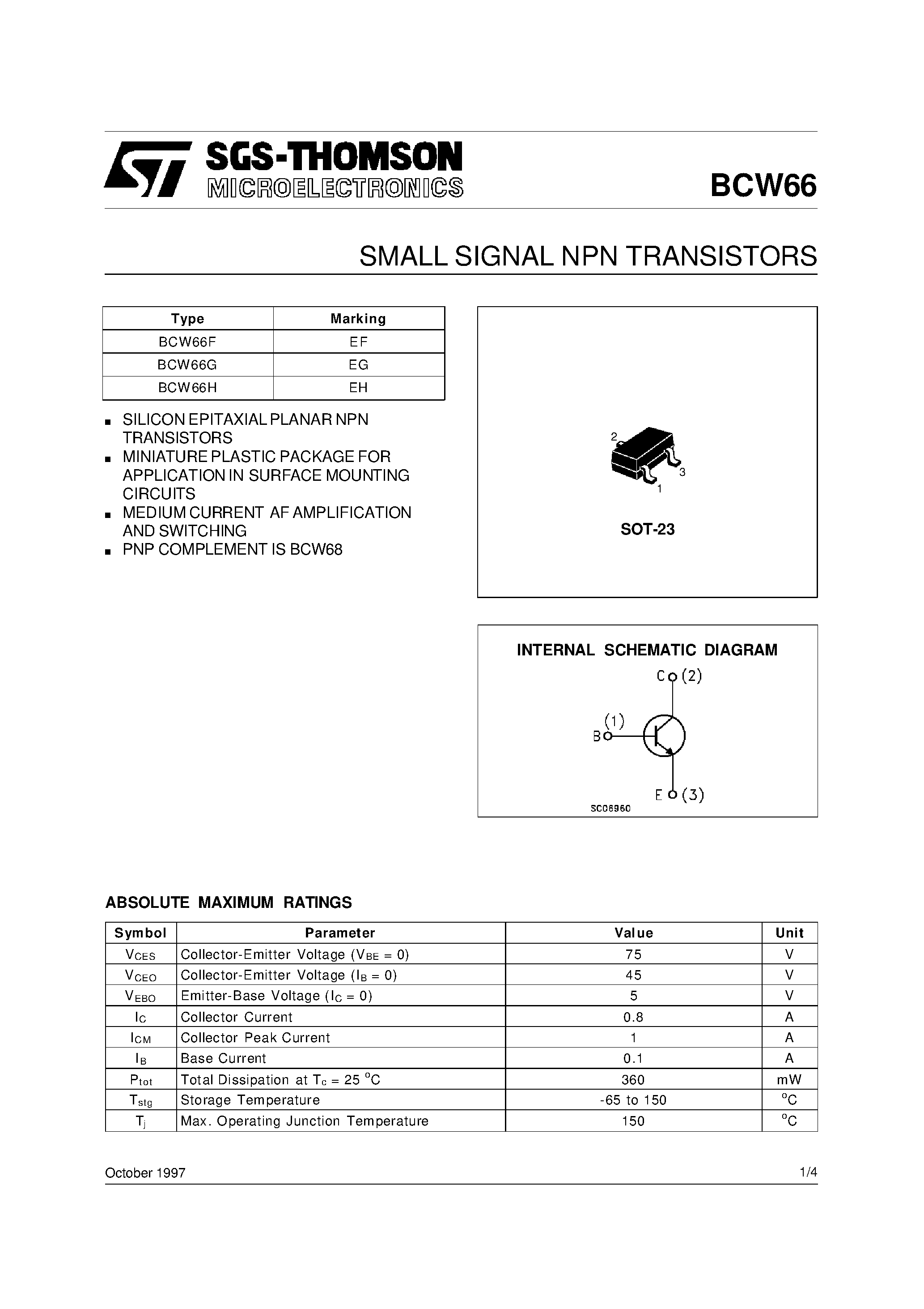 Datasheet BCW66G - SMALL SIGNAL NPN TRANSISTORS page 1