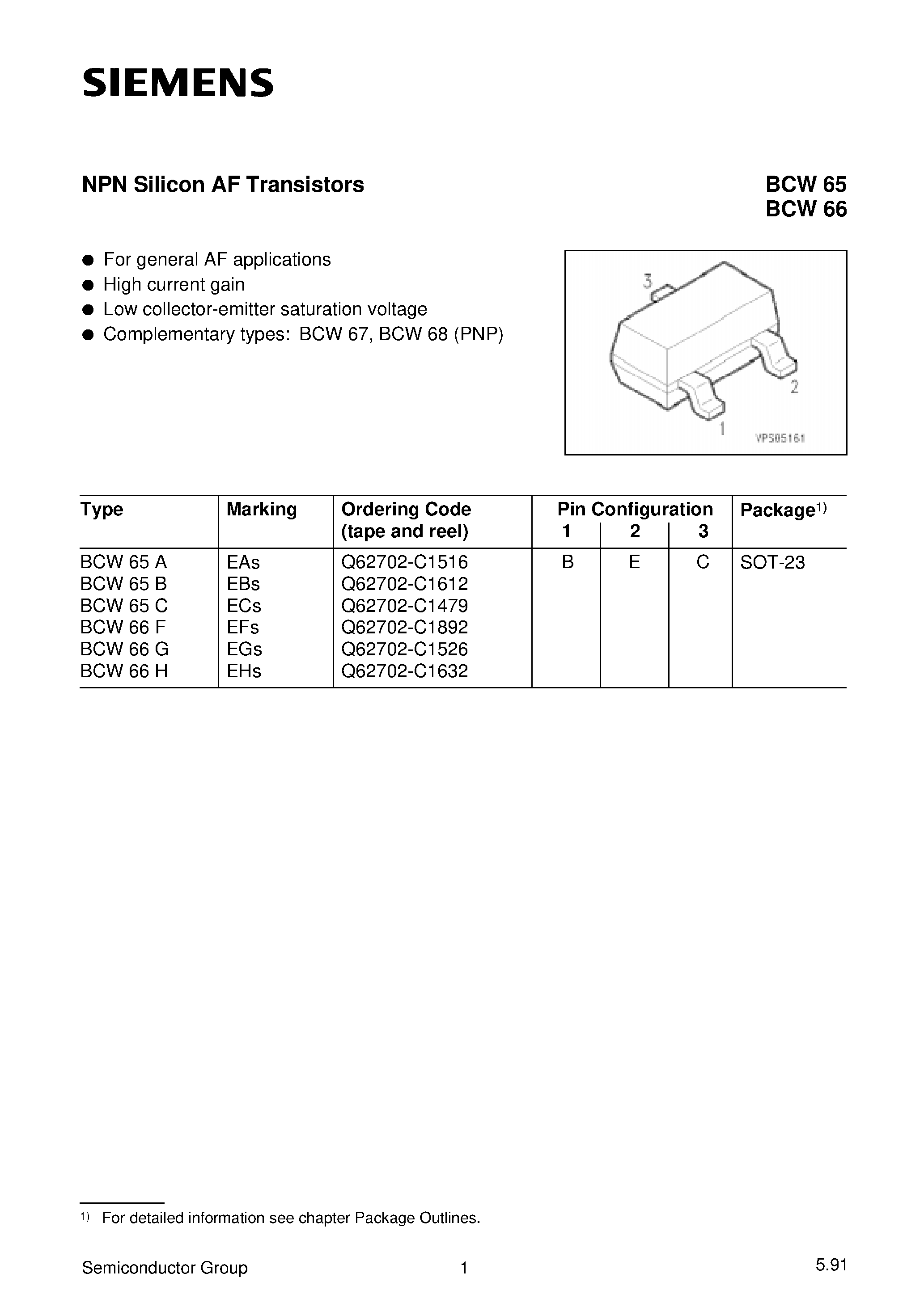 Даташит BCW66G - NPN Silicon AF Transistors (For general AF applications High current gain) страница 1