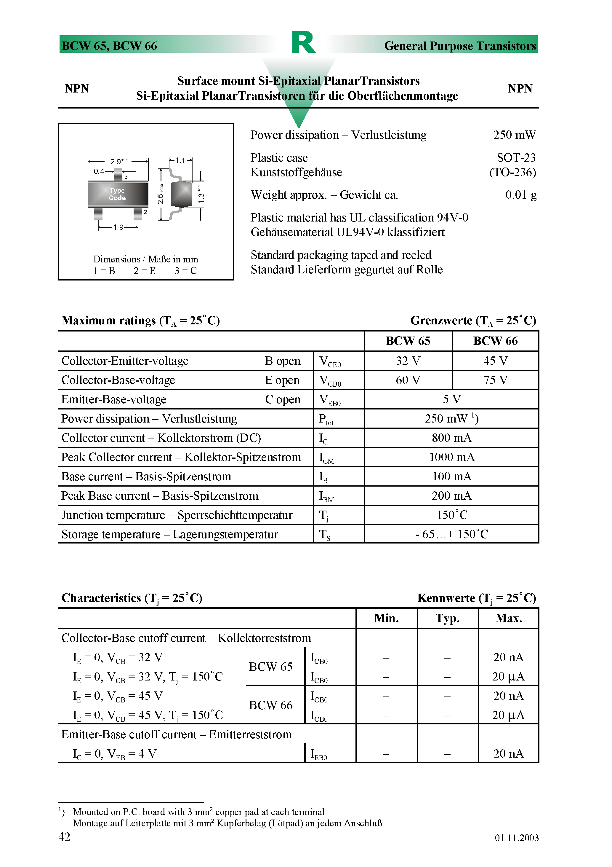 Datasheet BCW66G - Surface mount Si-Epitaxial PlanarTransistors page 1