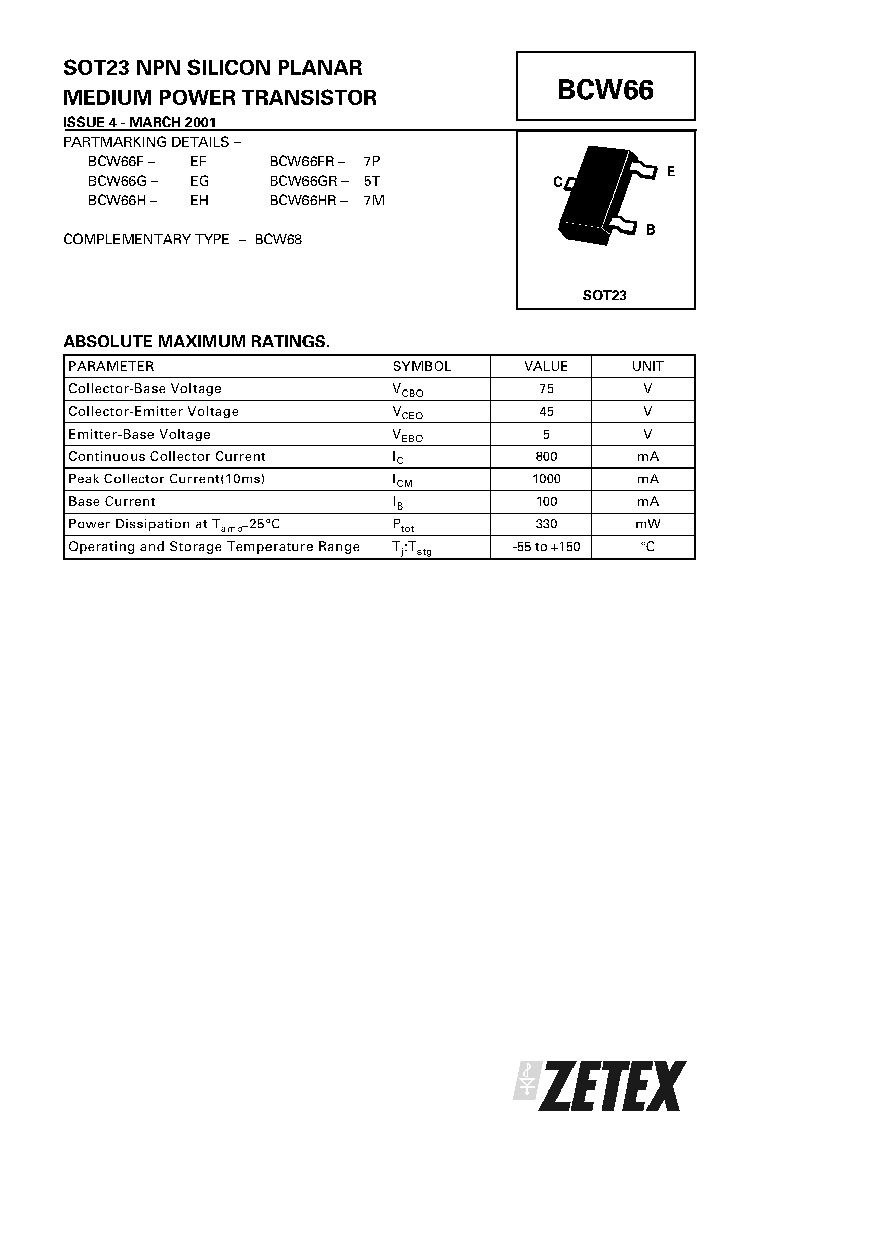 Datasheet BCW66GR - NPN SILICON PLANAR MEDIUM POWER TRANSISTOR page 1