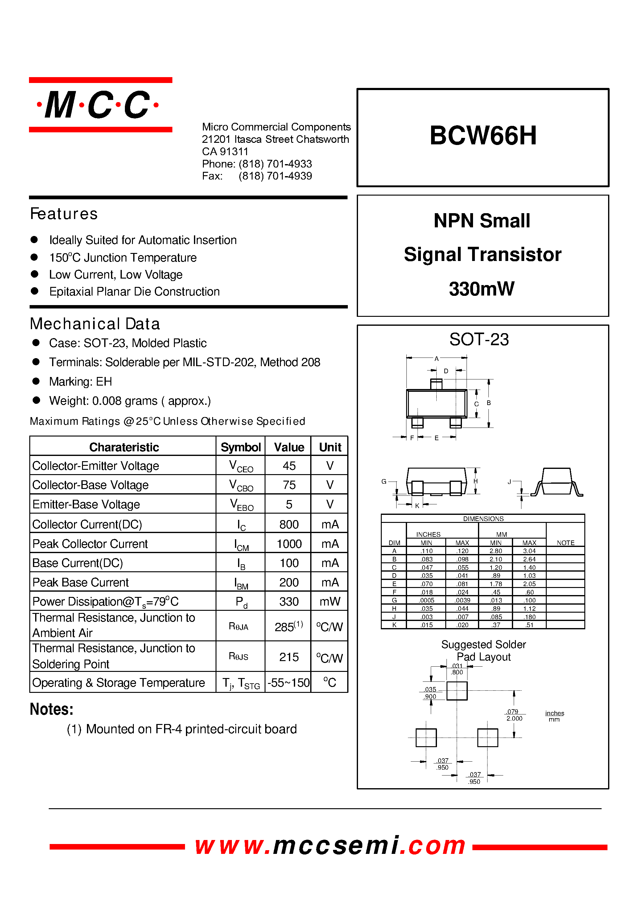 Даташит BCW66H - NPN Small Signal Transistor 330mW страница 1