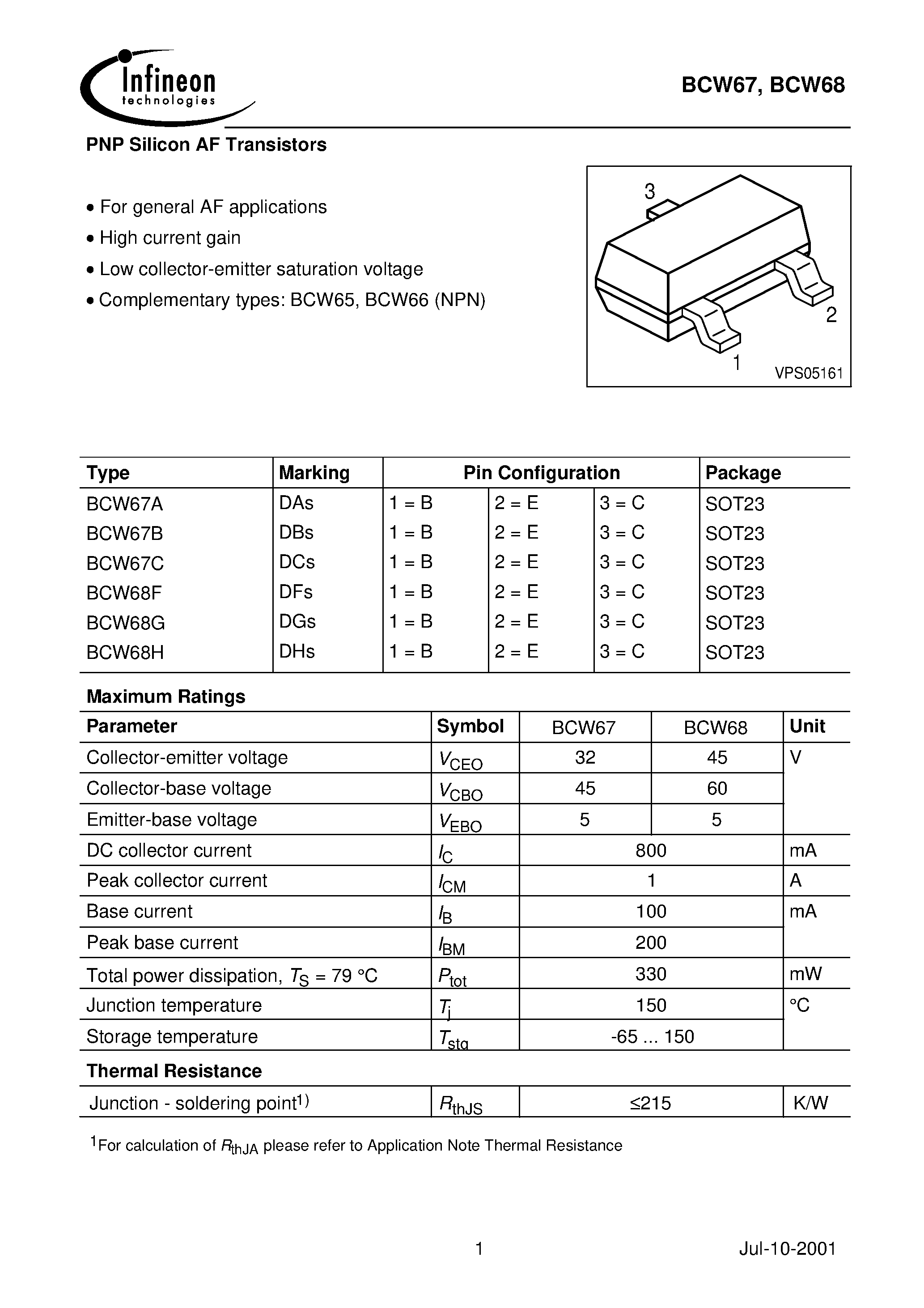 Datasheet BCW67 - PNP Silicon AF Transistors page 1