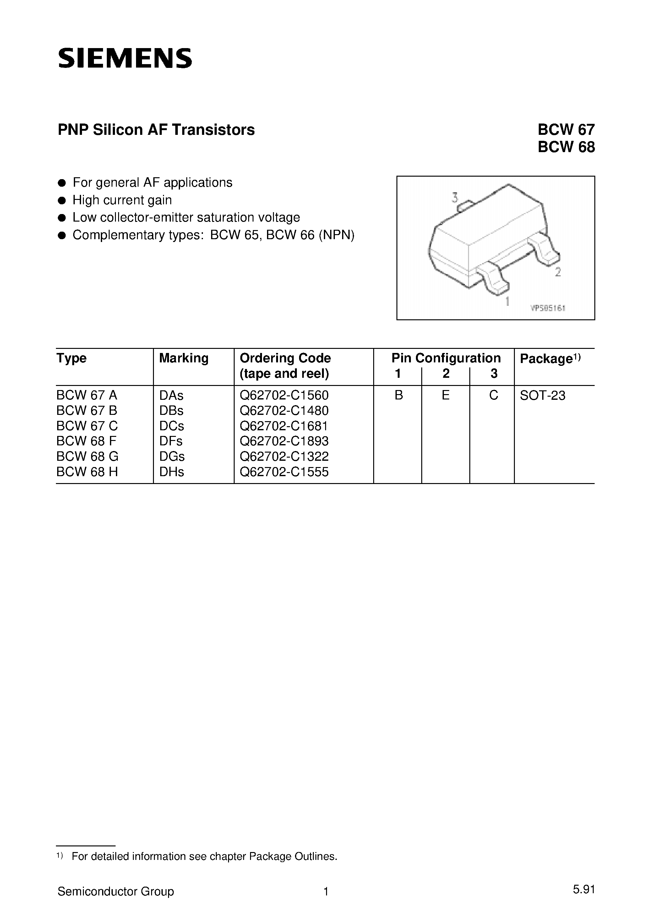 Datasheet BCW67A - PNP Silicon AF Transistors (For general AF applications High current gain) page 1