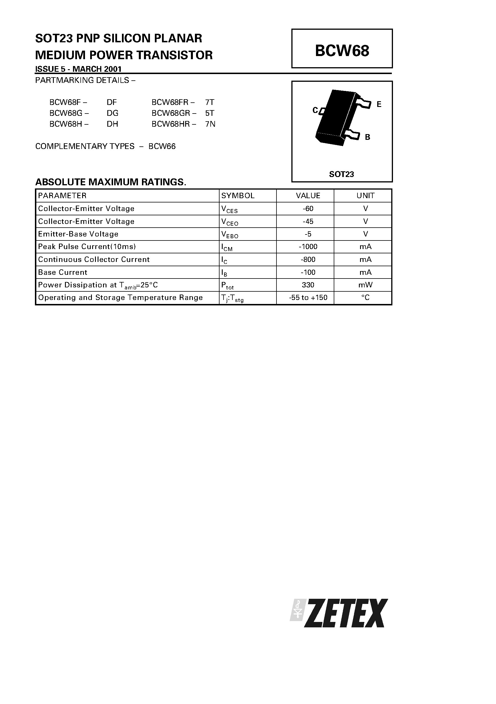 Datasheet BCW68 - PNP SILICON PLANAR MEDIUM POWER TRANSISTOR page 1