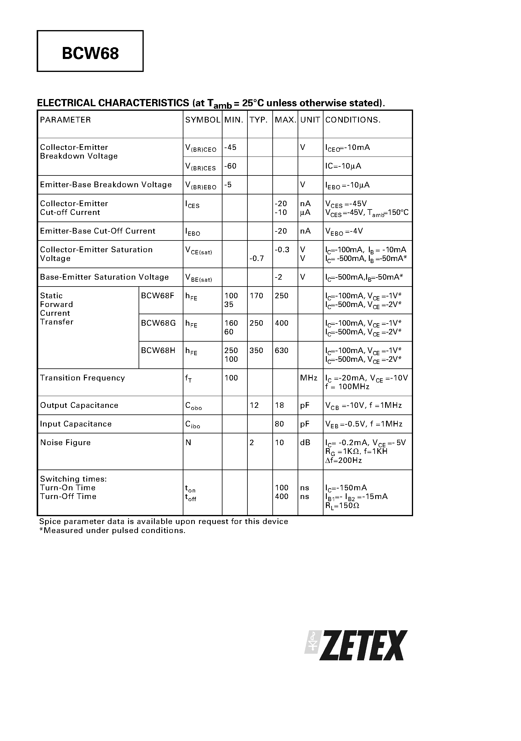 Datasheet BCW68 - PNP SILICON PLANAR MEDIUM POWER TRANSISTOR page 2