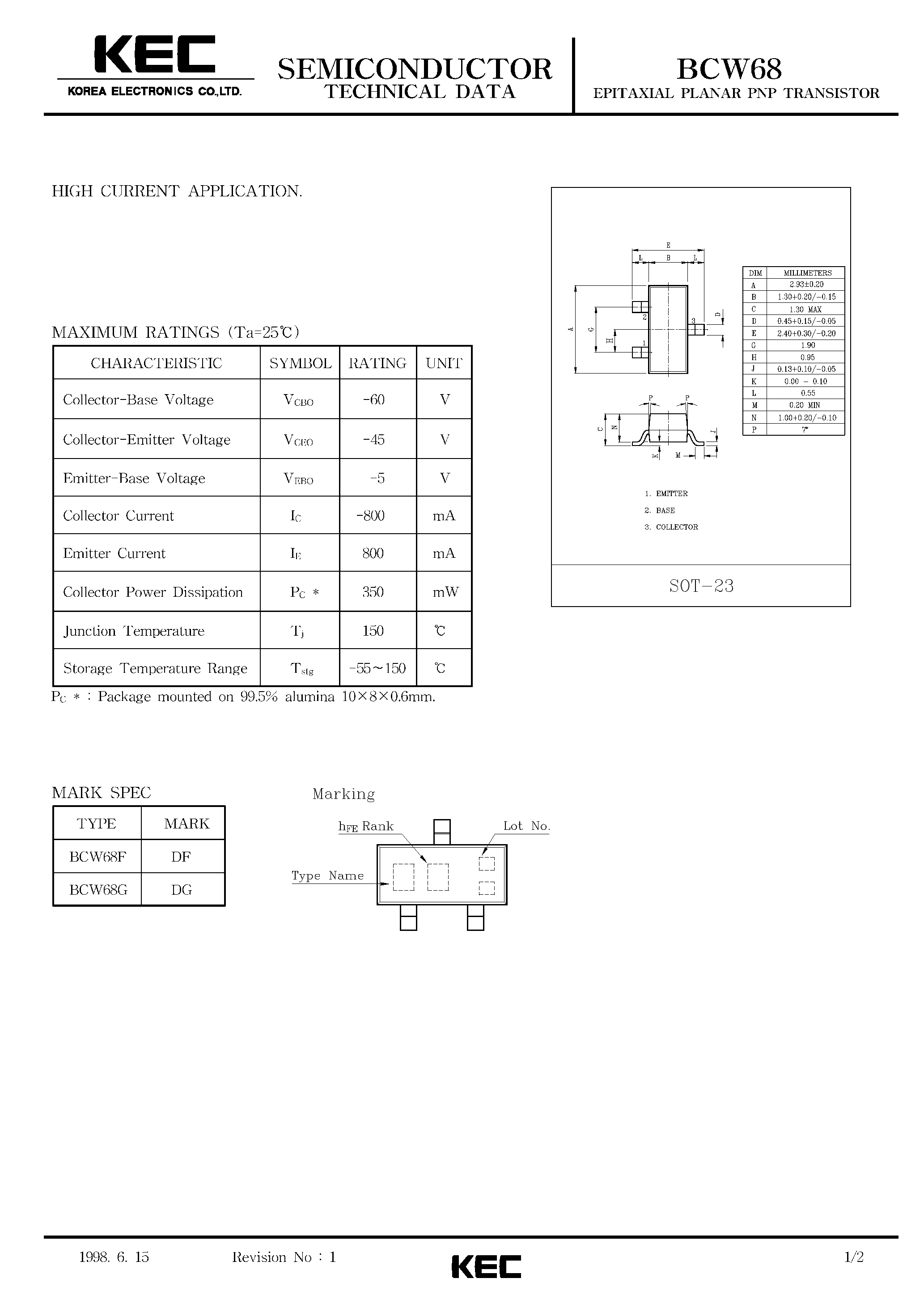 Datasheet BCW68 - EPITAXIAL PLANAR PNP TRANSISTOR (HIGH CURRENT) page 1