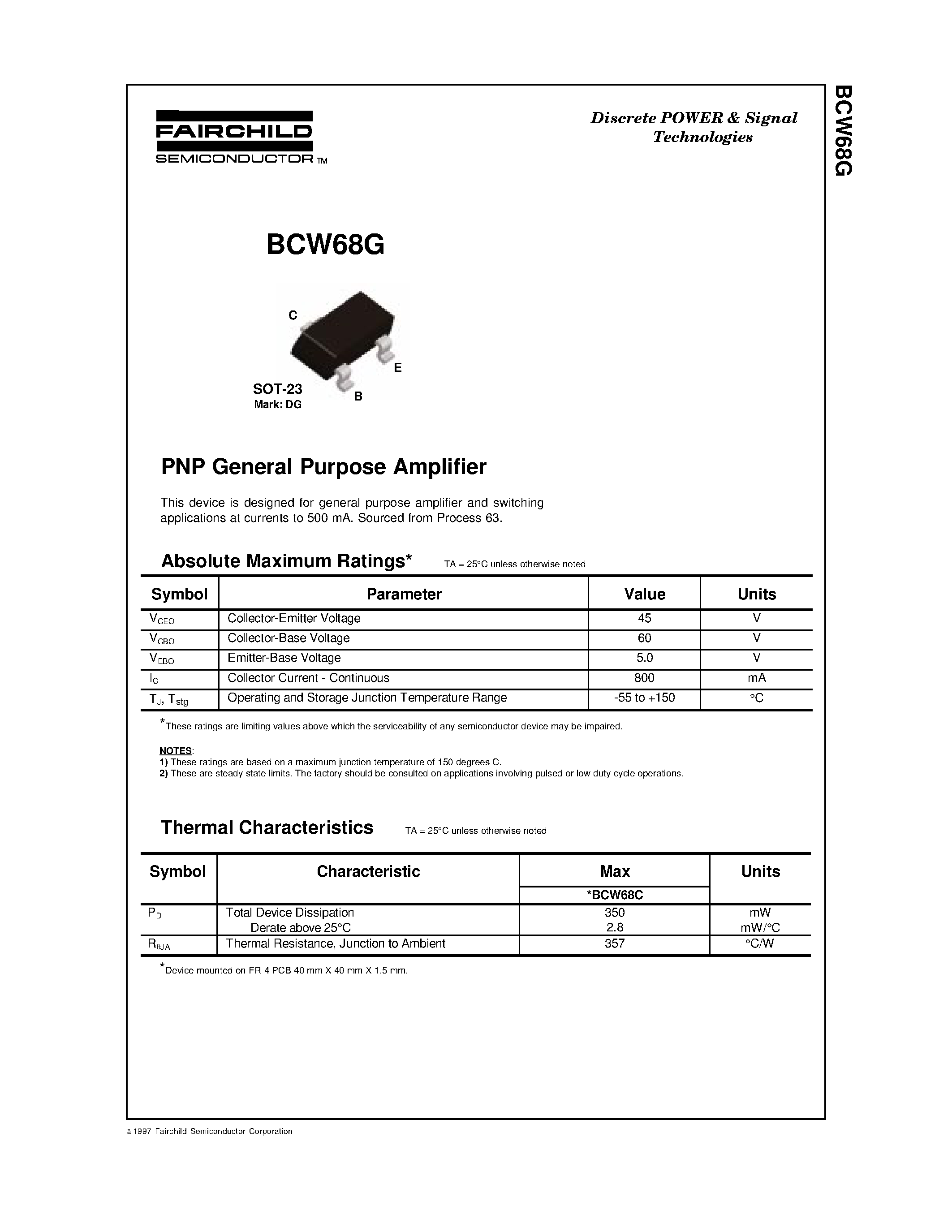 Datasheet BCW68G - PNP General Purpose Amplifier page 1