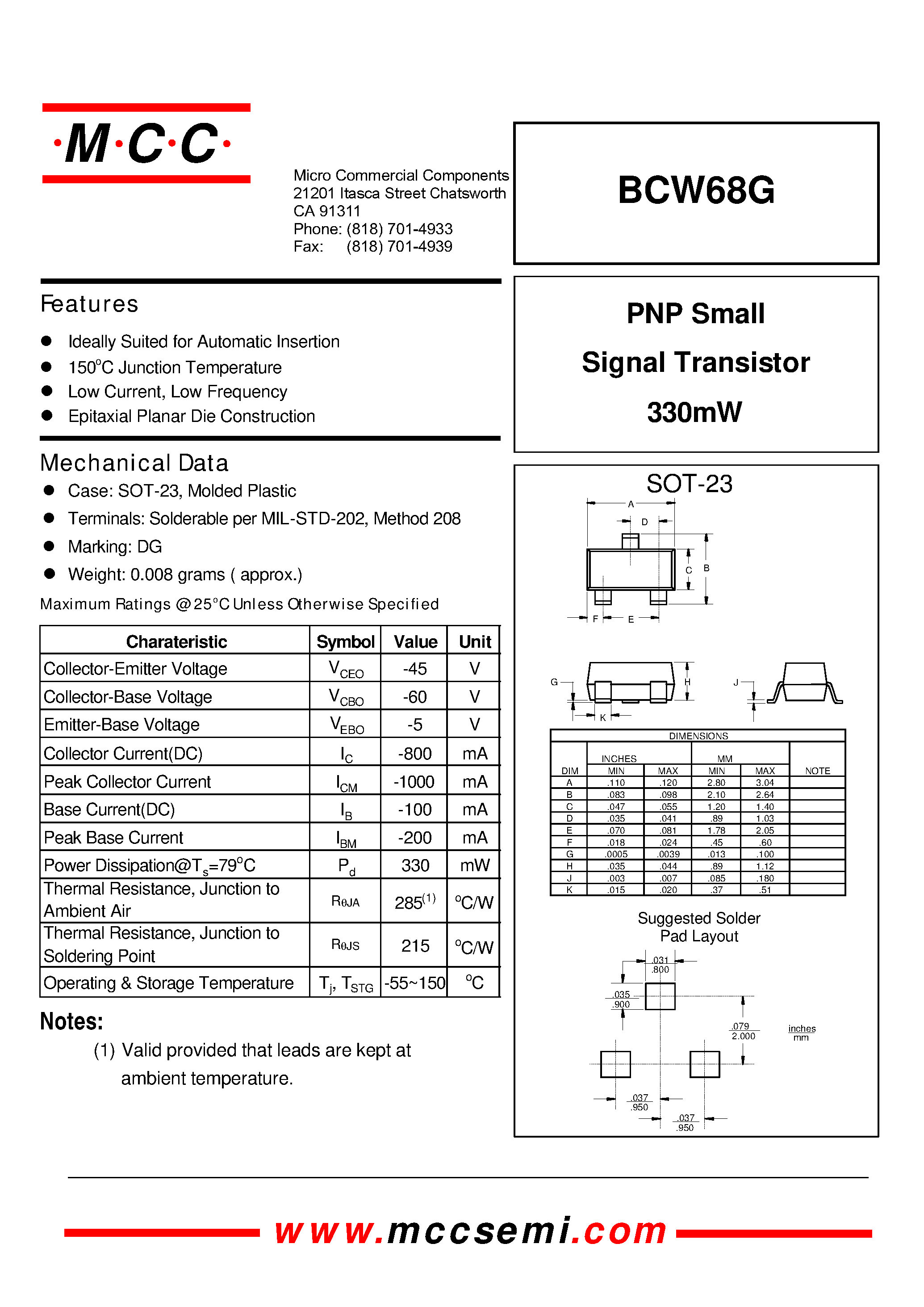 Datasheet BCW68G - PNP Small Signal Transistor 330mW page 1