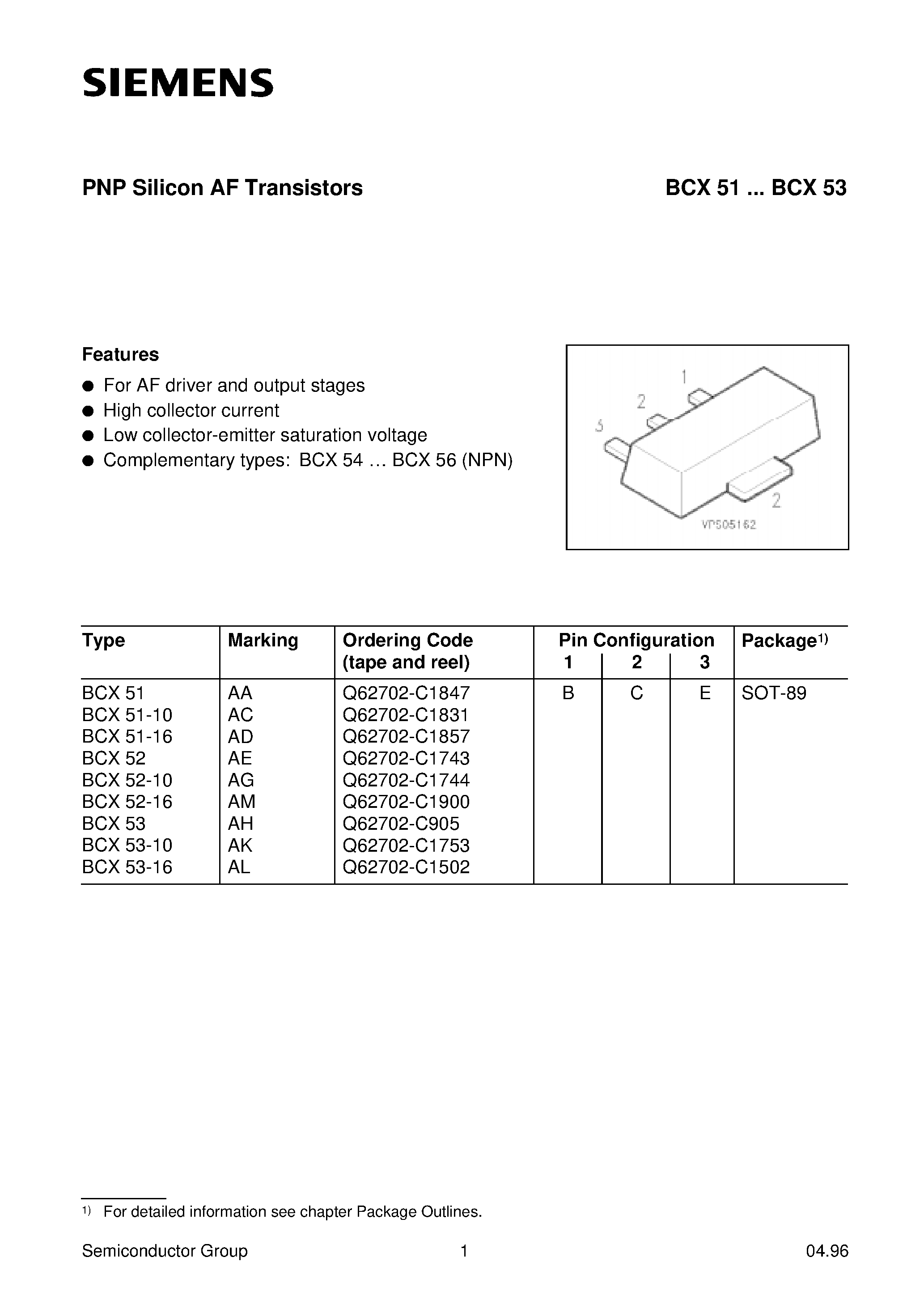 Даташит BCX52-10 - PNP Silicon AF Transistors страница 1