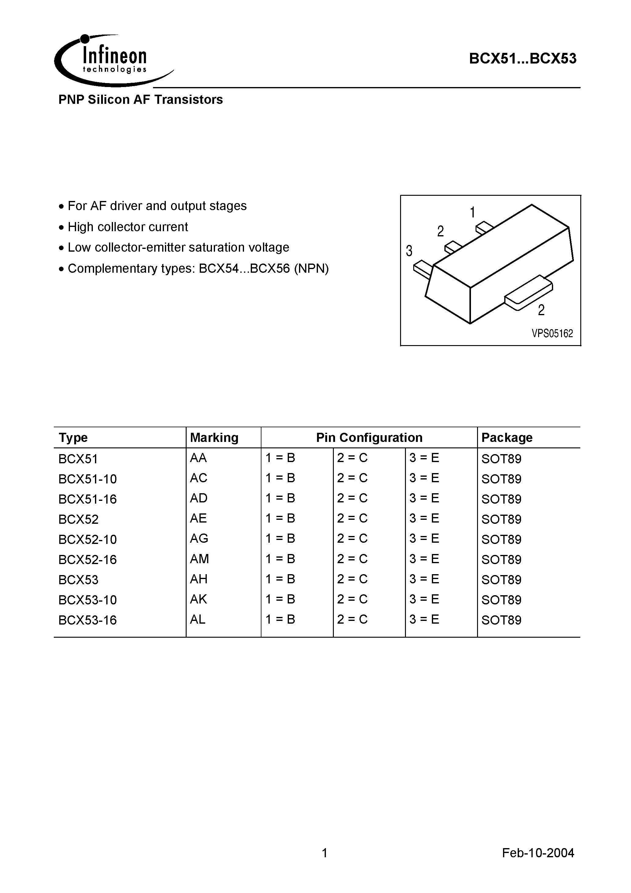 Даташит BCX52-10 - PNP Silicon AF Transistors страница 1