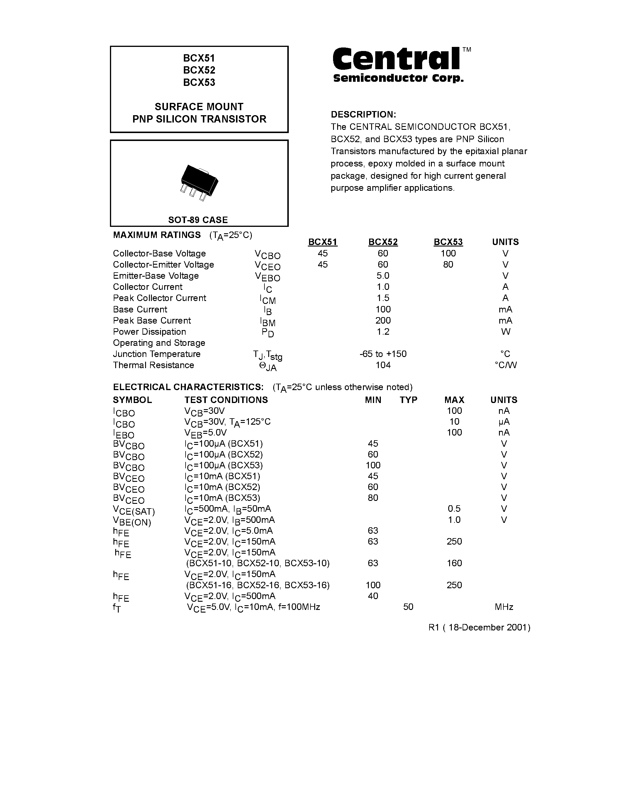 Даташит BCX53 - SURFACE MOUNT PNP SILICON TRANSISTOR страница 1