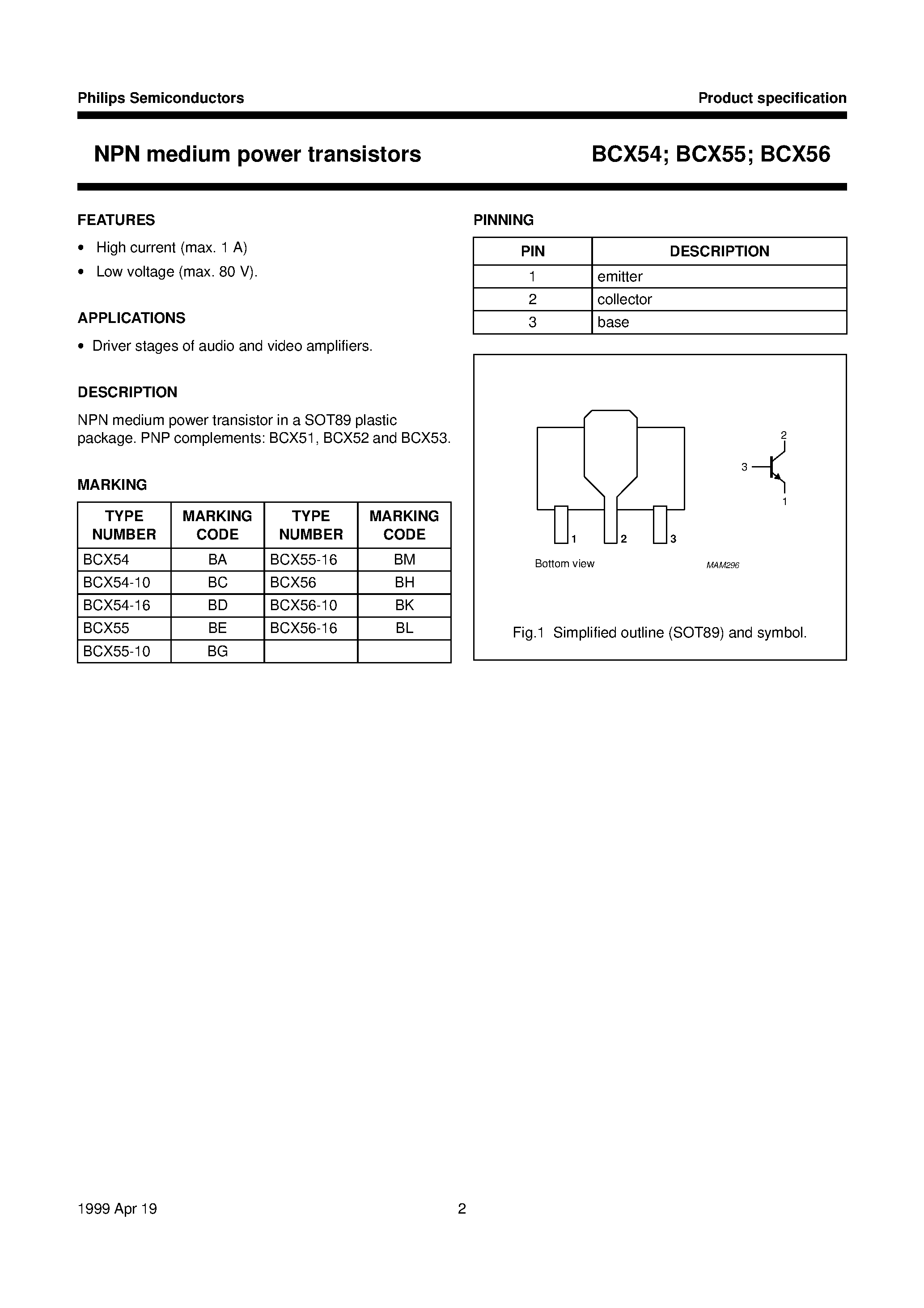 Даташит BCX54 - NPN medium power transistors страница 2