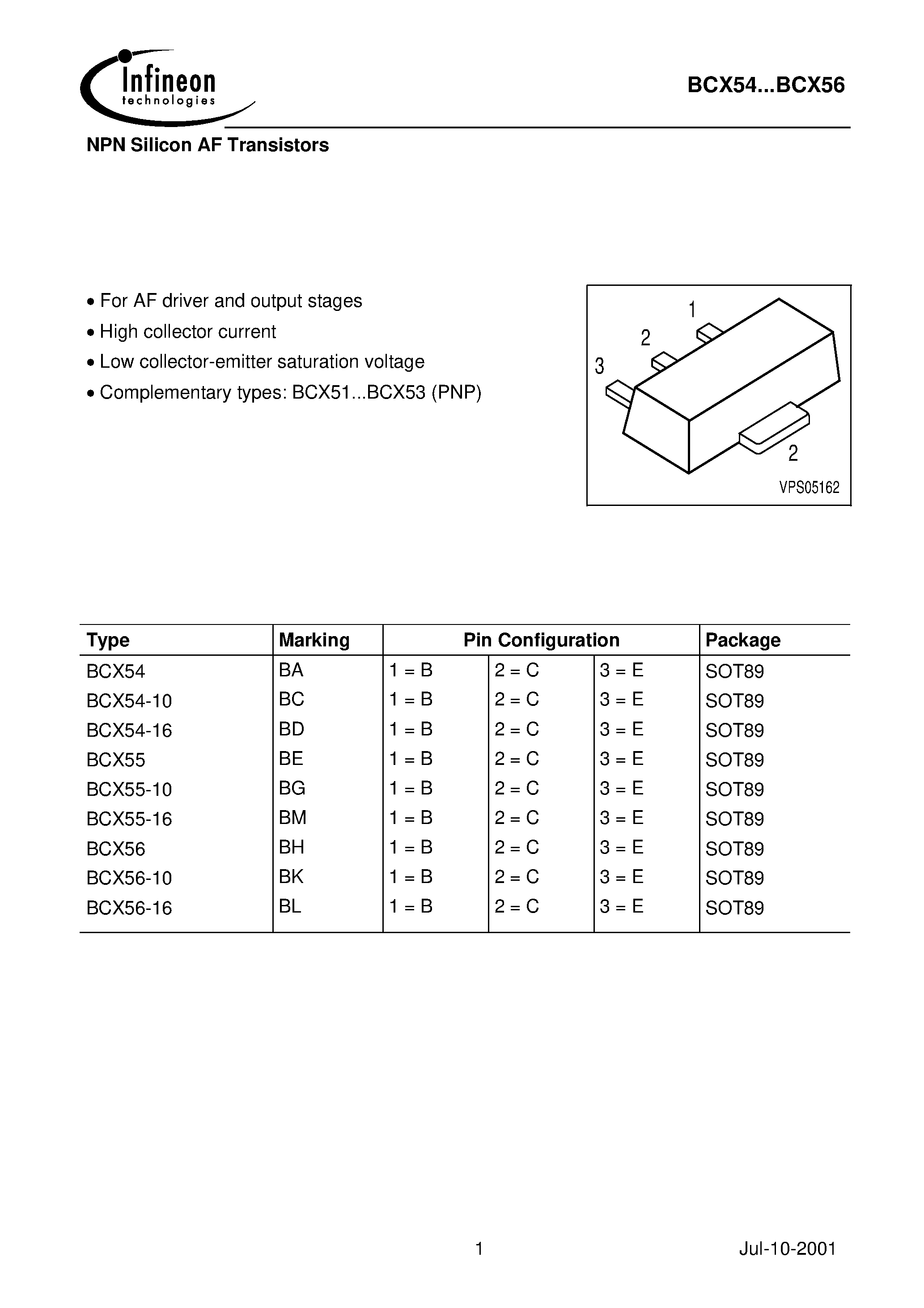 Даташит BCX54 - NPN Silicon AF Transistors страница 1