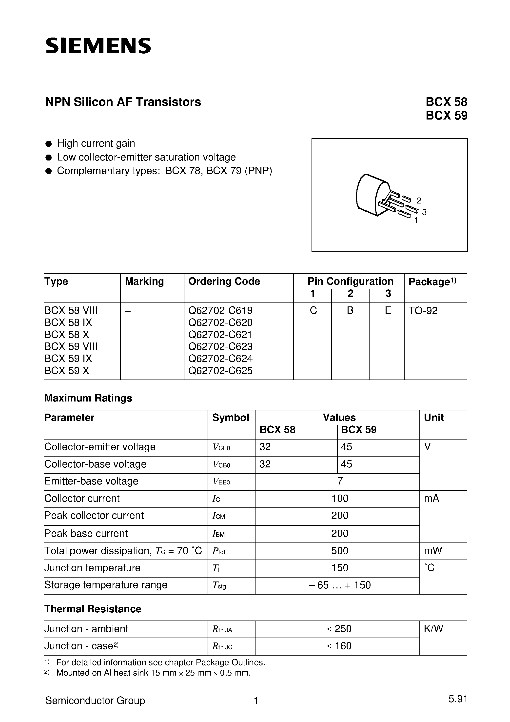 Даташит BCX58 - NPN Silicon AF Transistors (High current gain Low collector-emitter saturation voltage) страница 1