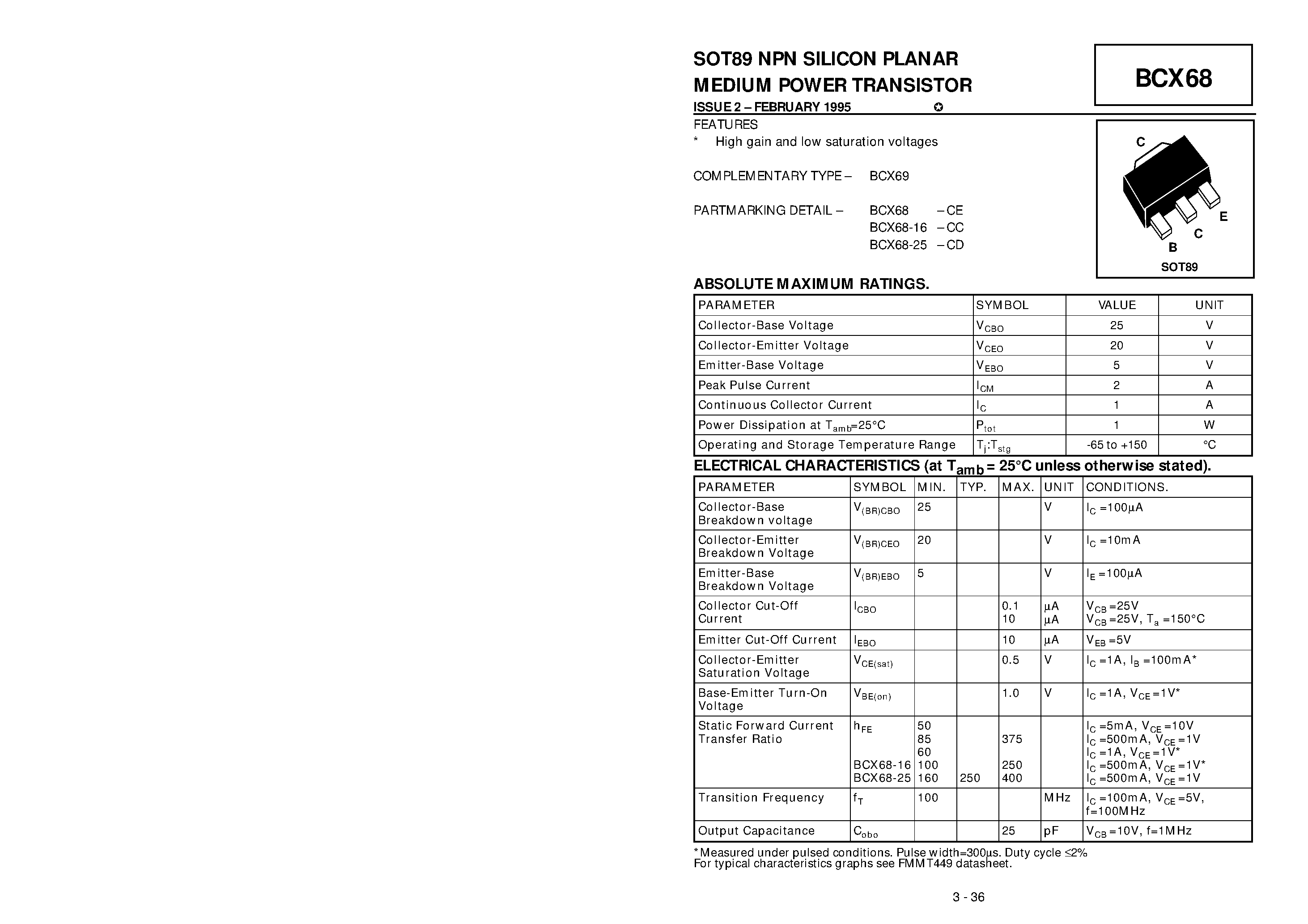 Даташит BCX68 - NPN SILICON PLANAR MEDIUM POWER TRANSISTOR страница 1