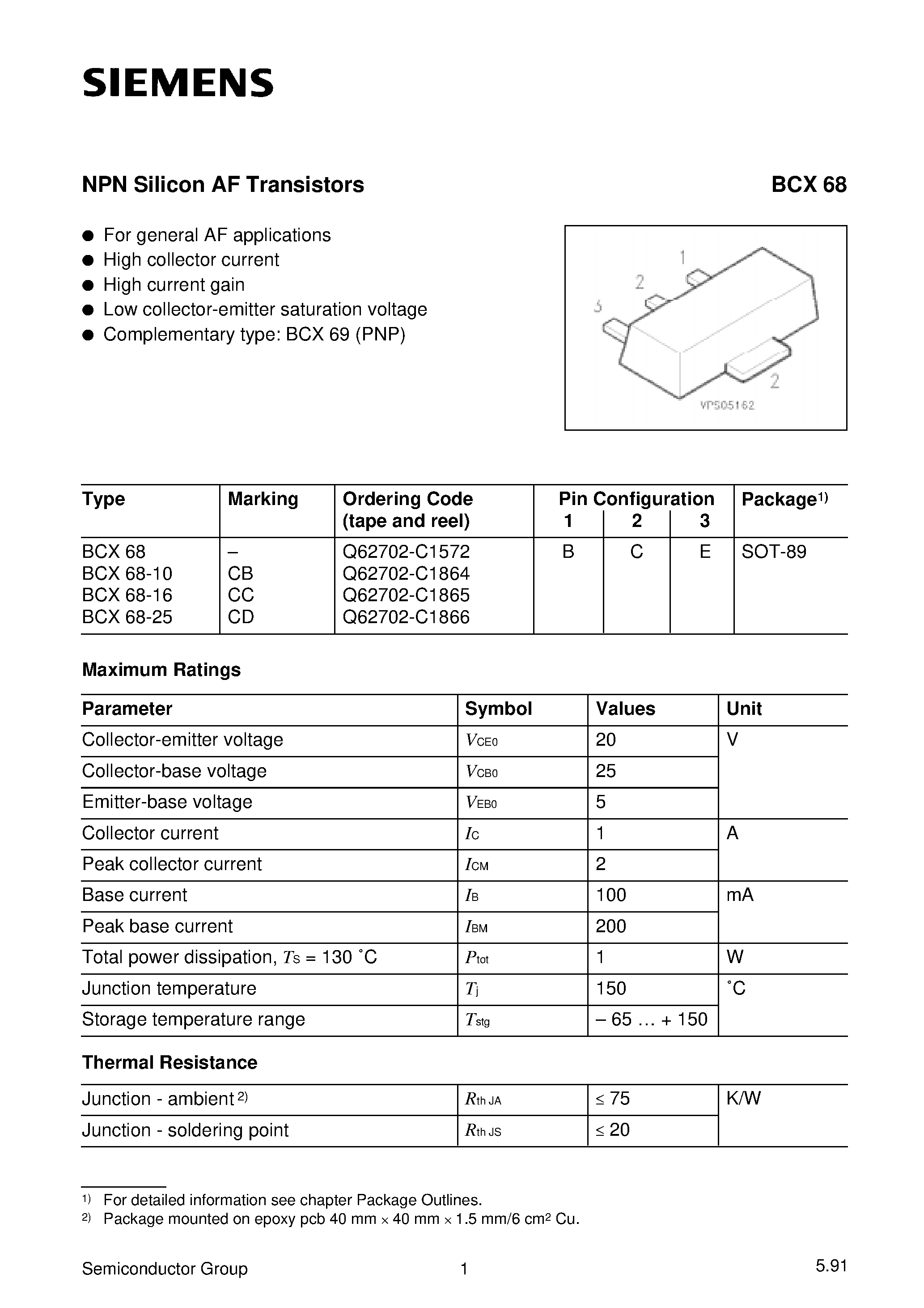 Даташит BCX68 - NPN Silicon AF Transistors (For general AF applications High collector current) страница 1