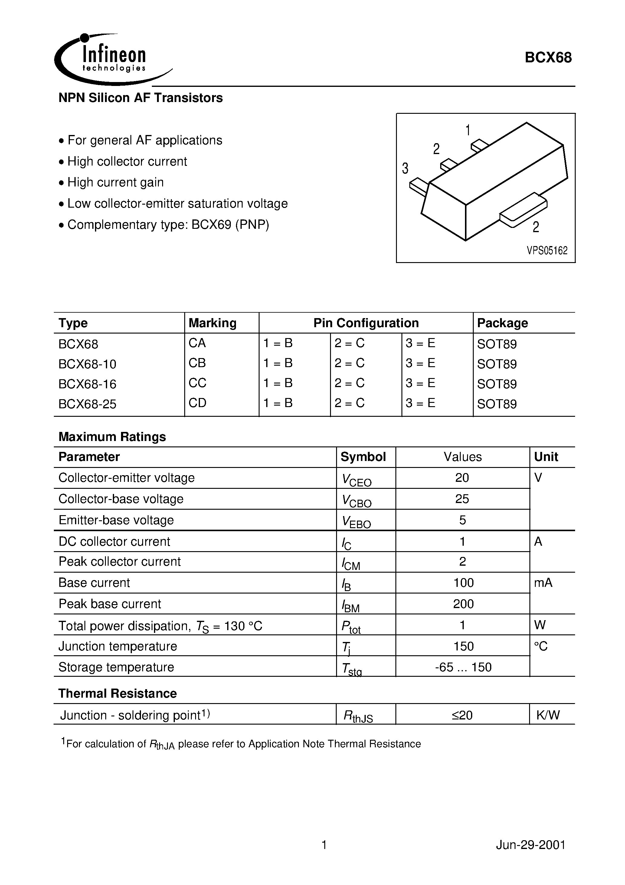 Даташит BCX68 - NPN Silicon AF Transistors страница 1