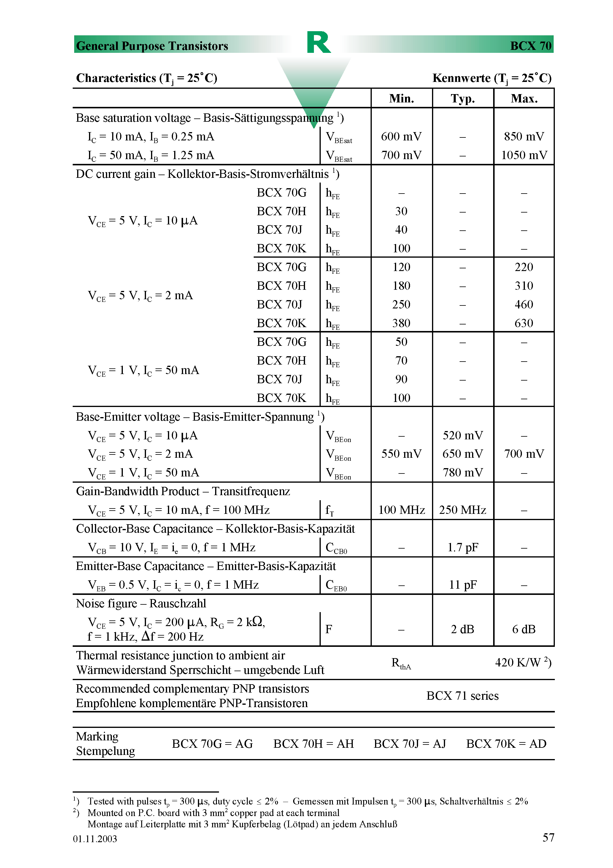 Даташит BCX70 - Surface mount Si-Epitaxial PlanarTransistors страница 2