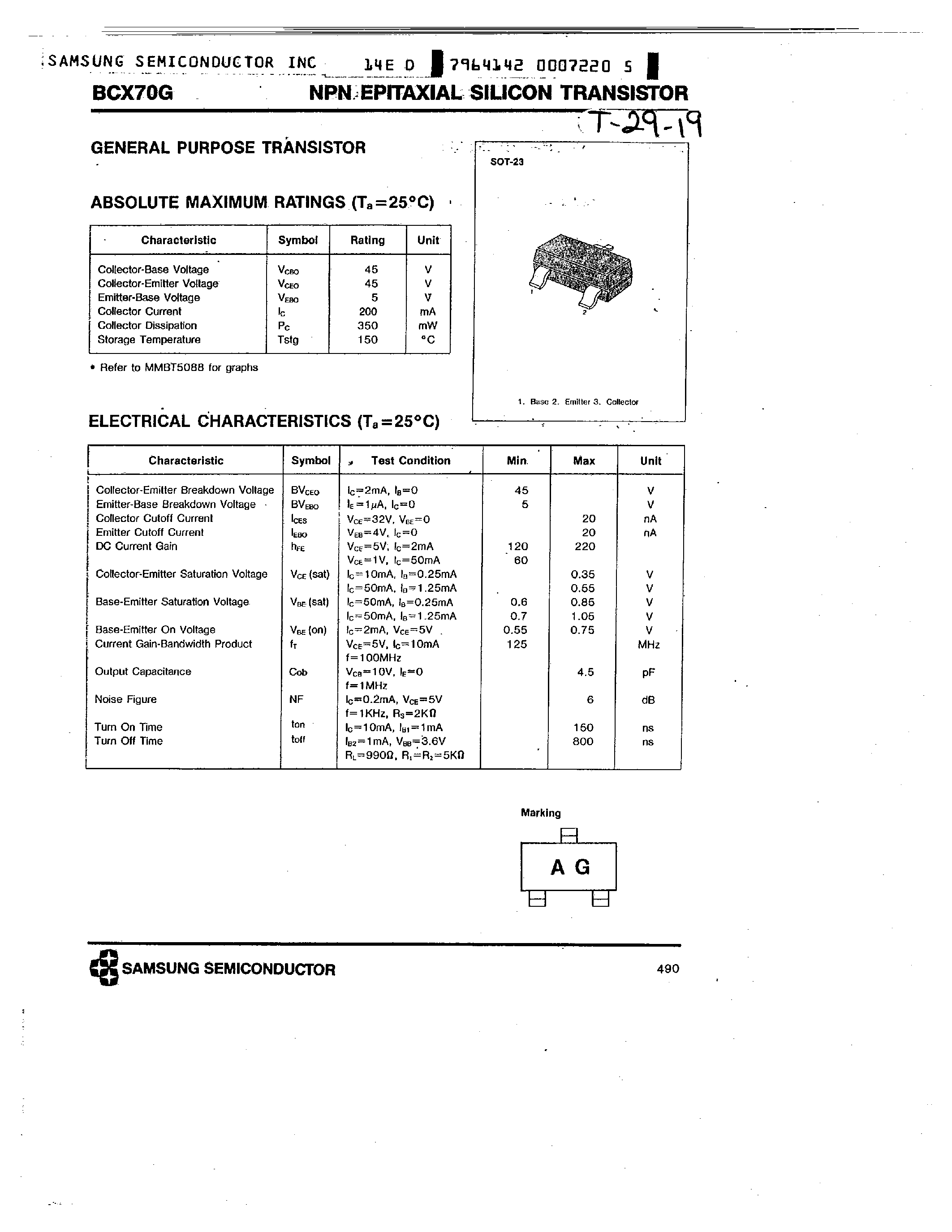 Даташит BCX70G - NPN EPITAXIAL SILICON TRANSISTOR страница 1