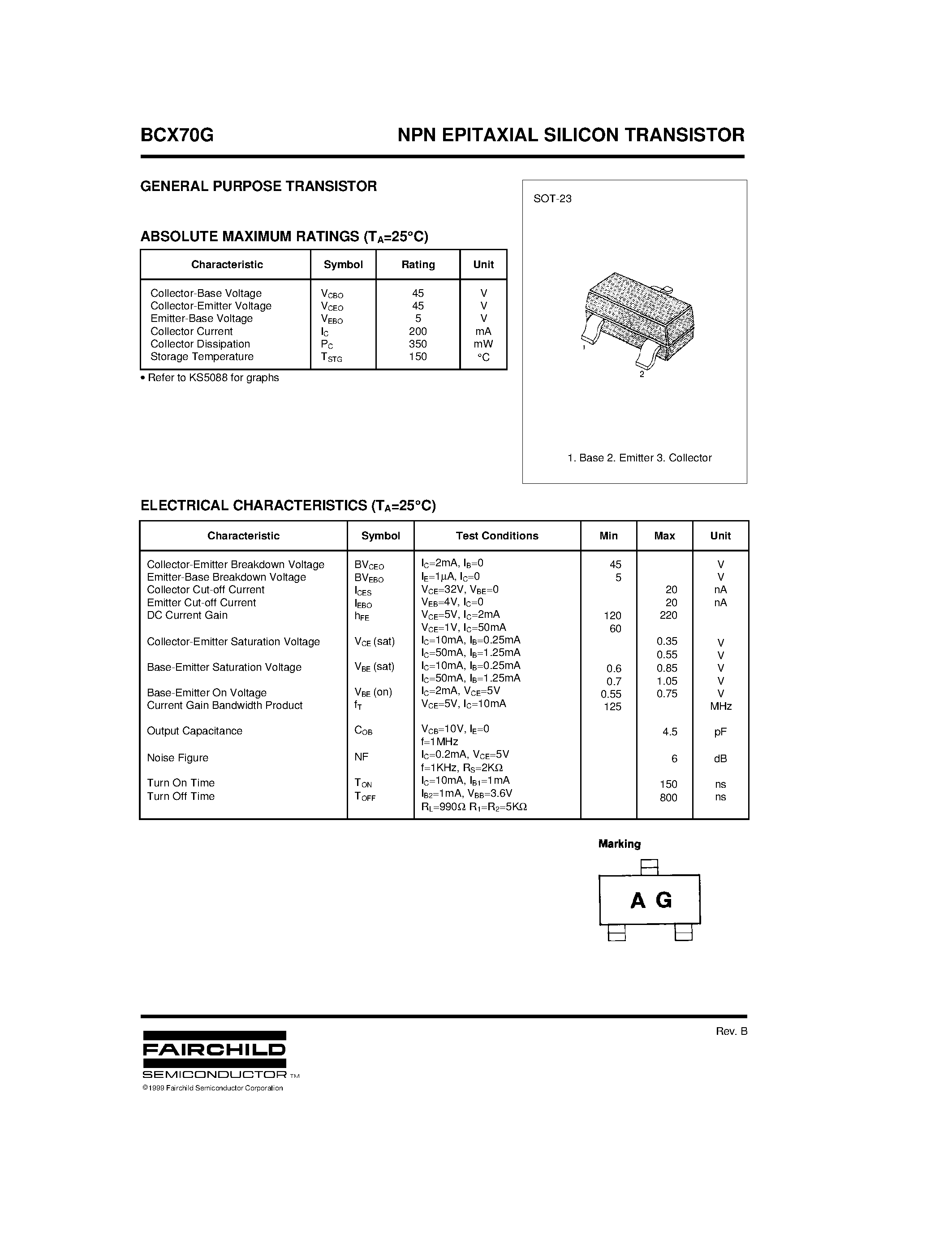 Даташит BCX70G - NPN EPITAXIAL SILICON TRANSISTOR страница 1