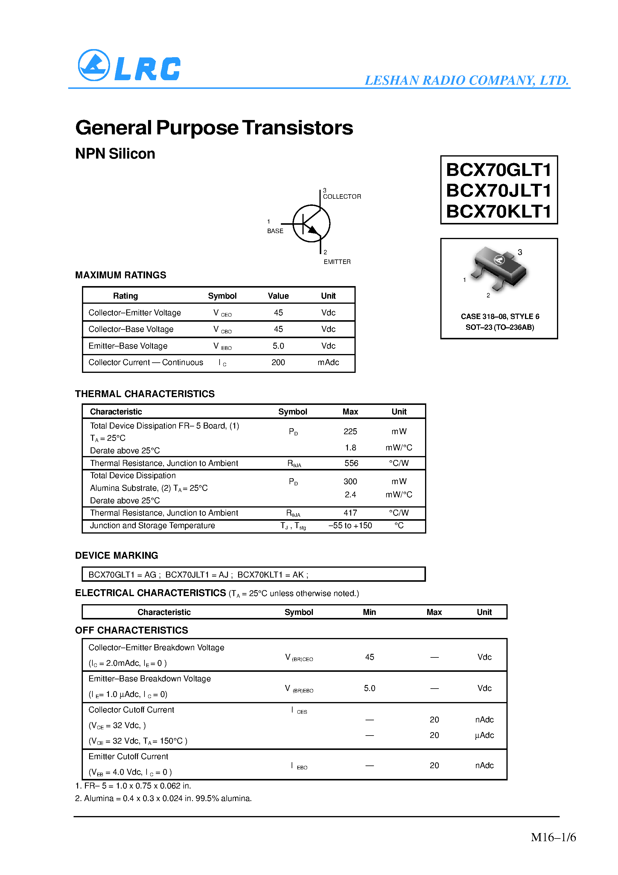 Даташит BCX70GLT1 - General Purpose Transistors(NPN Silicon) страница 1