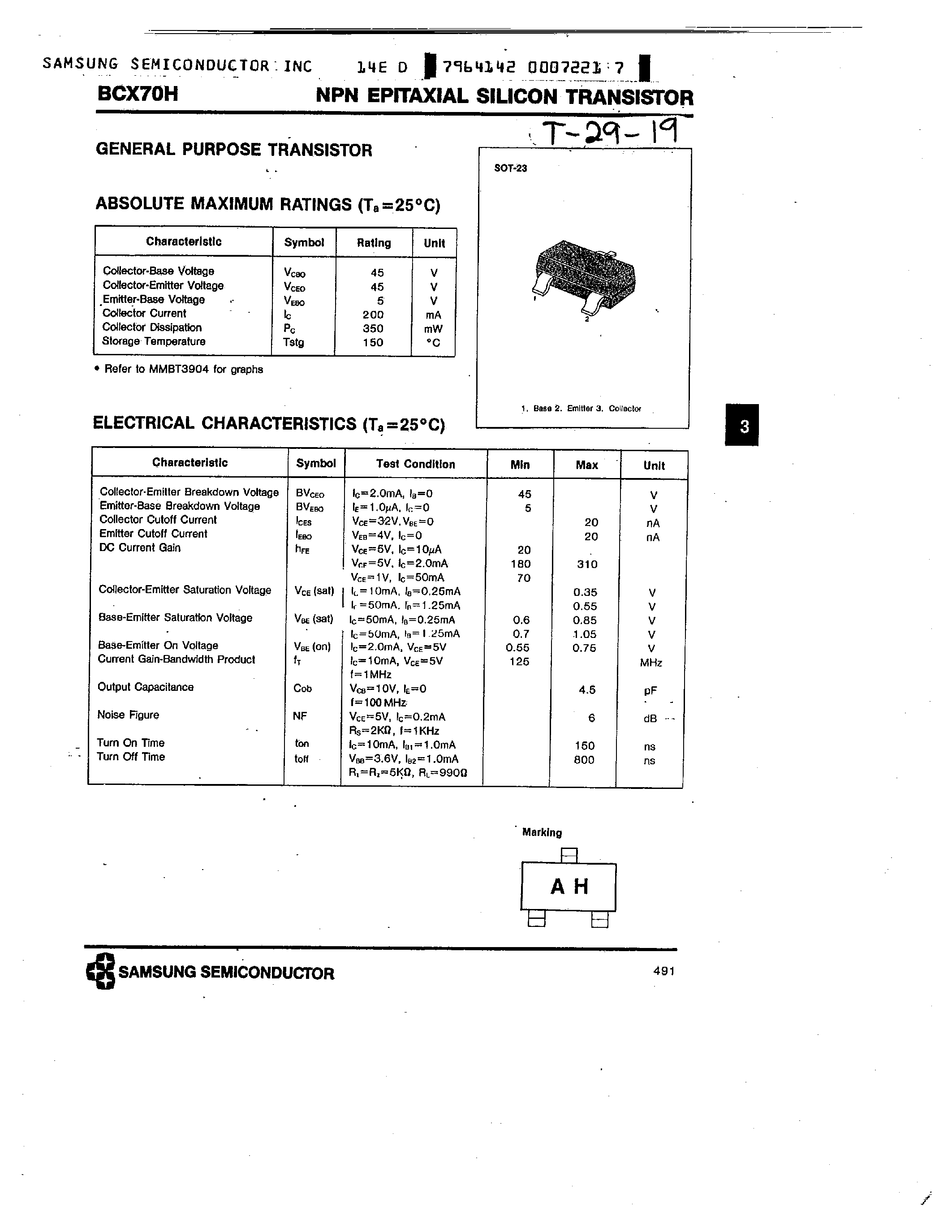 Даташит BCX70H - NPN EPITAXIAL SILICON TRANSISTOR страница 1