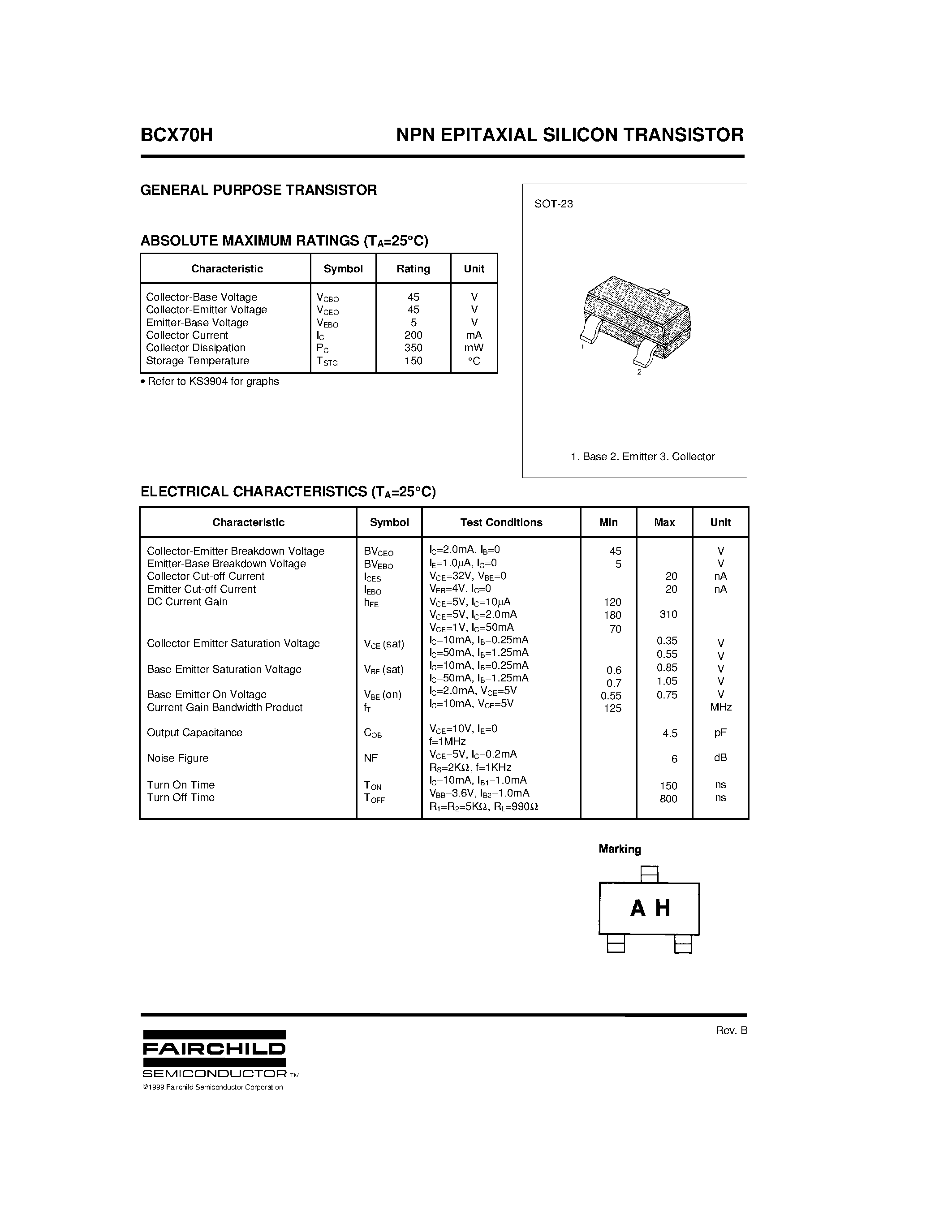 Даташит BCX70H - NPN EPITAXIAL SILICON TRANSISTOR страница 1