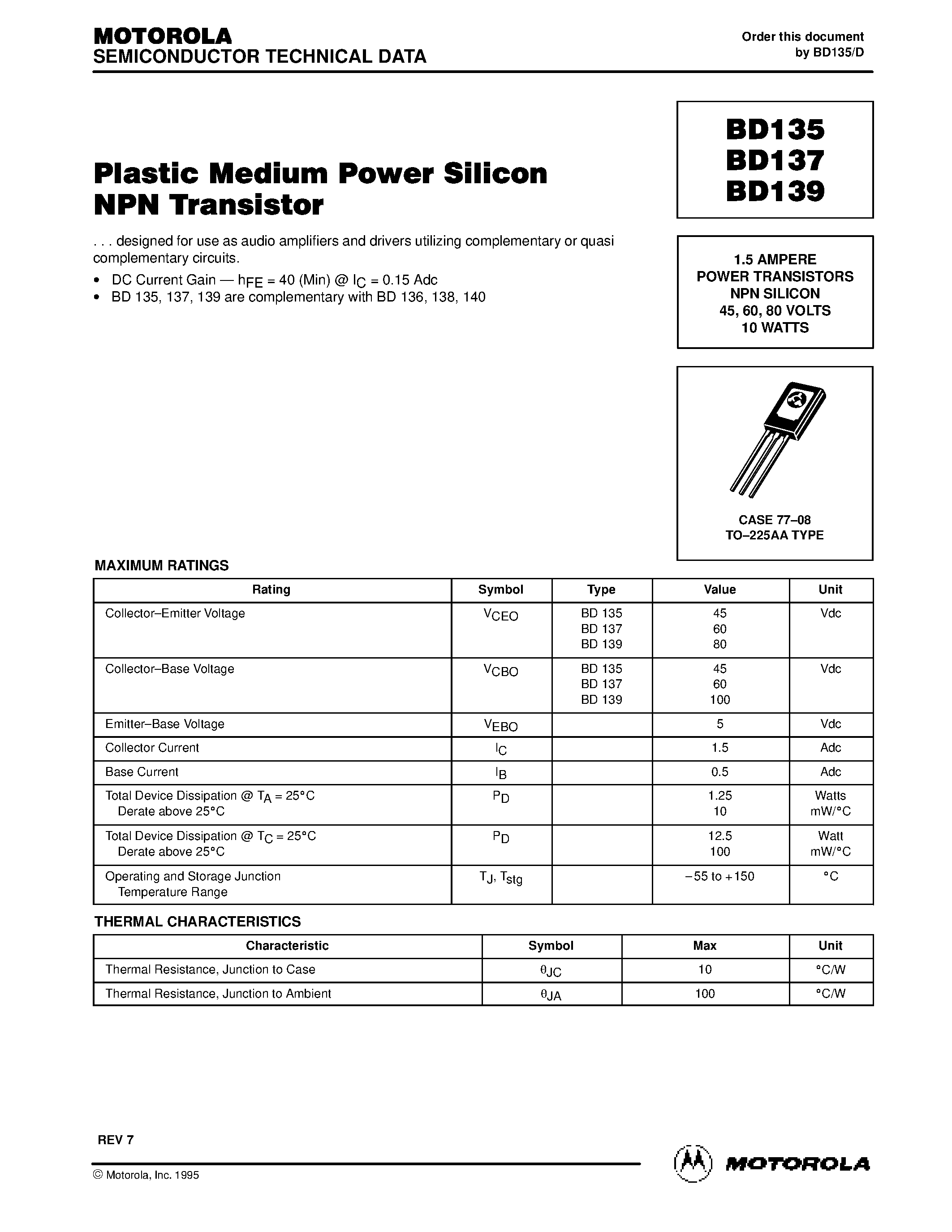 Datasheet BD135 - Plastic Medium Power Silicon NPN Transistor page 1