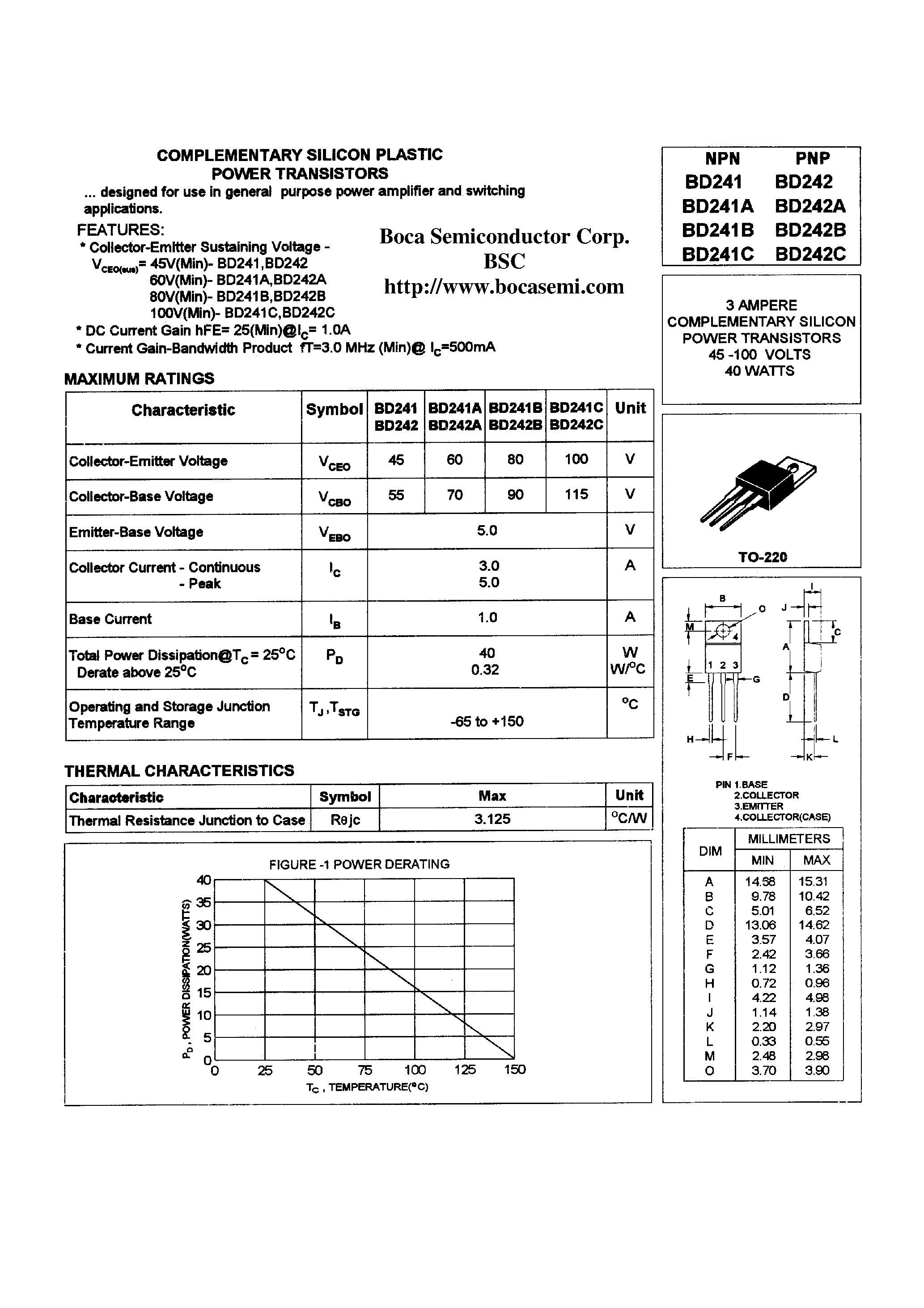 Даташит BD241 - COMPLEMENTARY SILICON PLASTIC POWER TRANSISTORSS страница 1