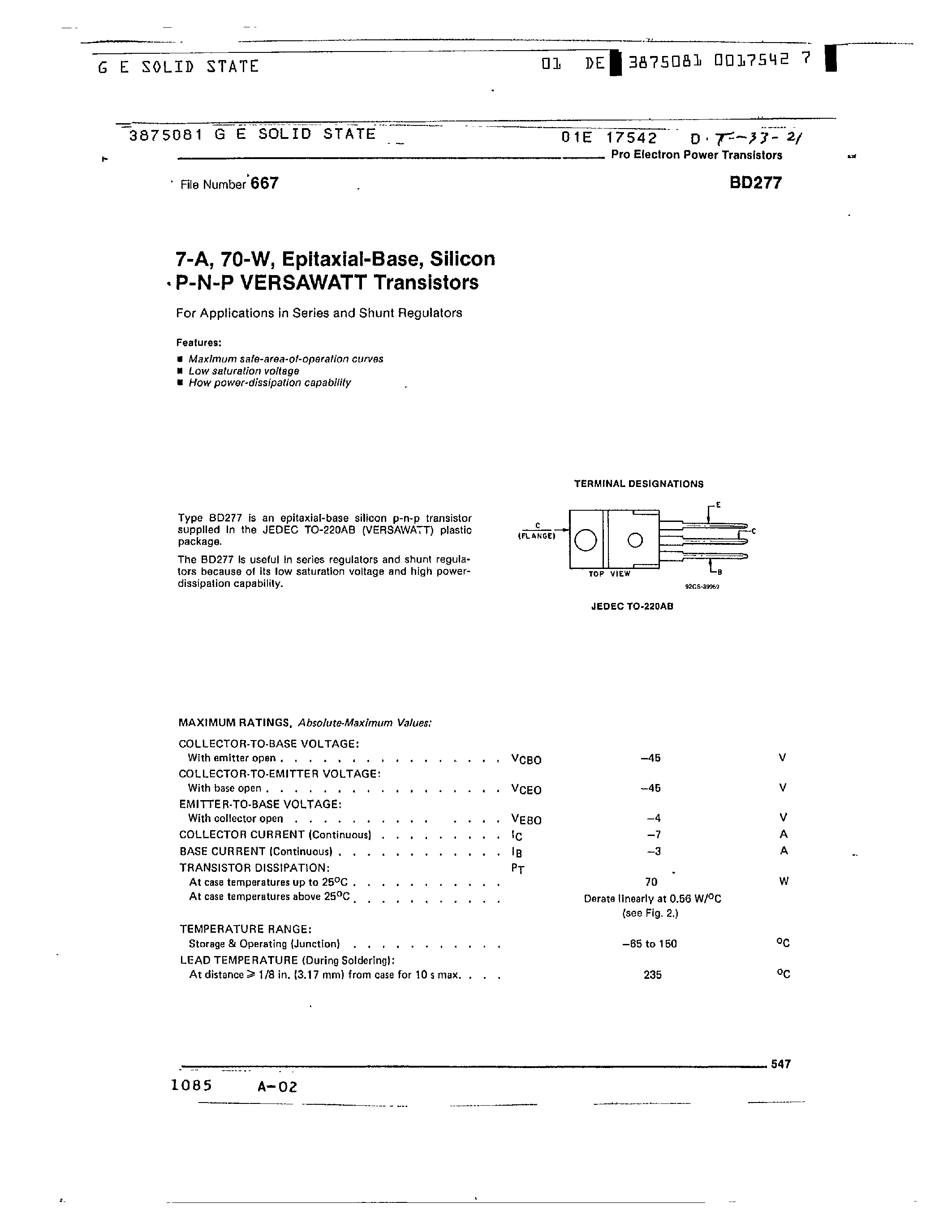 Даташит BD277 - 7-A 70-W EPITAXIAL BASE SILICON PNP VERSAWATT TRANSISTORS страница 1