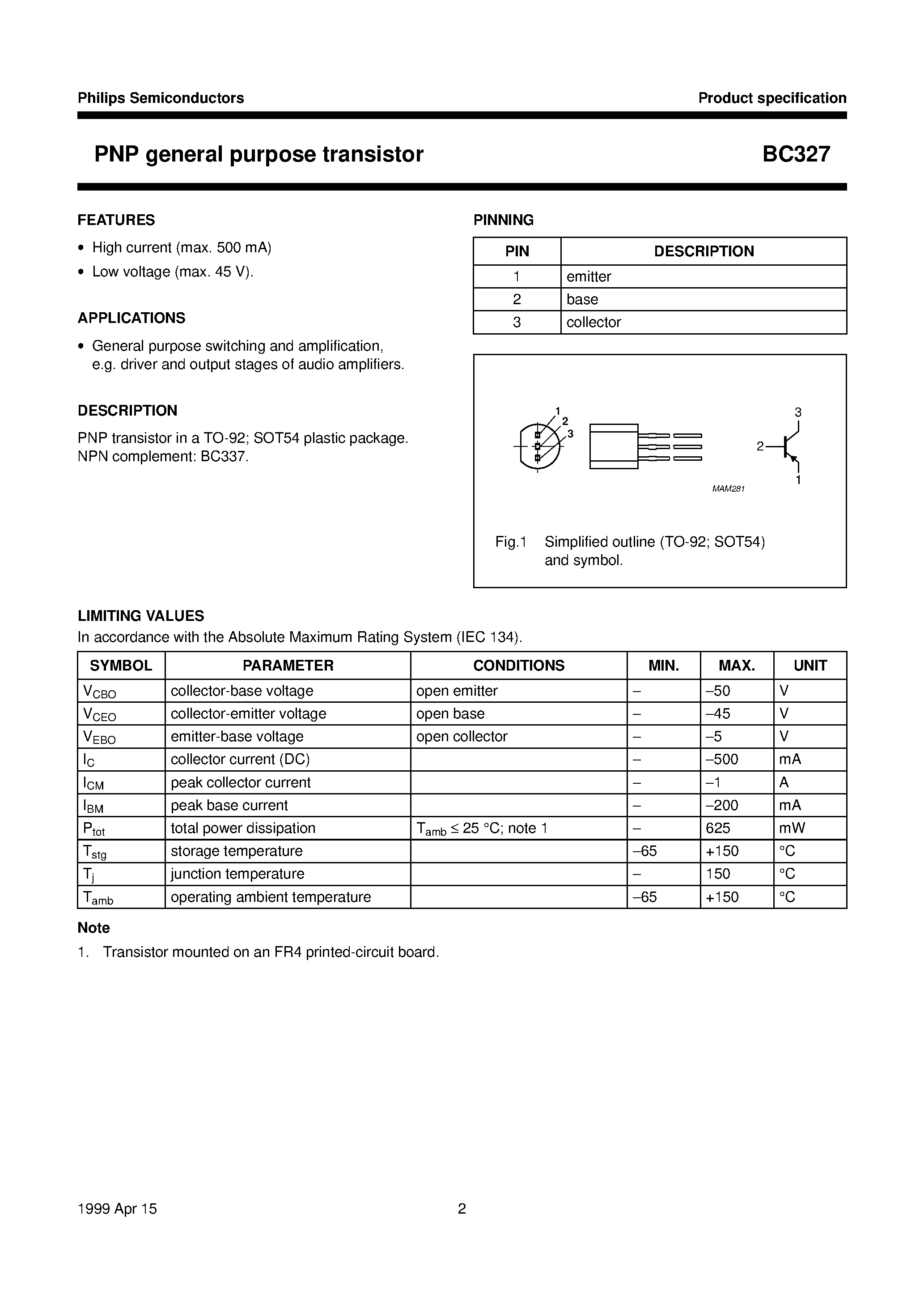 Datasheet BC327 - PNP Silicon Epitaxial Planar Transistor for switching and amplifier applications page 2