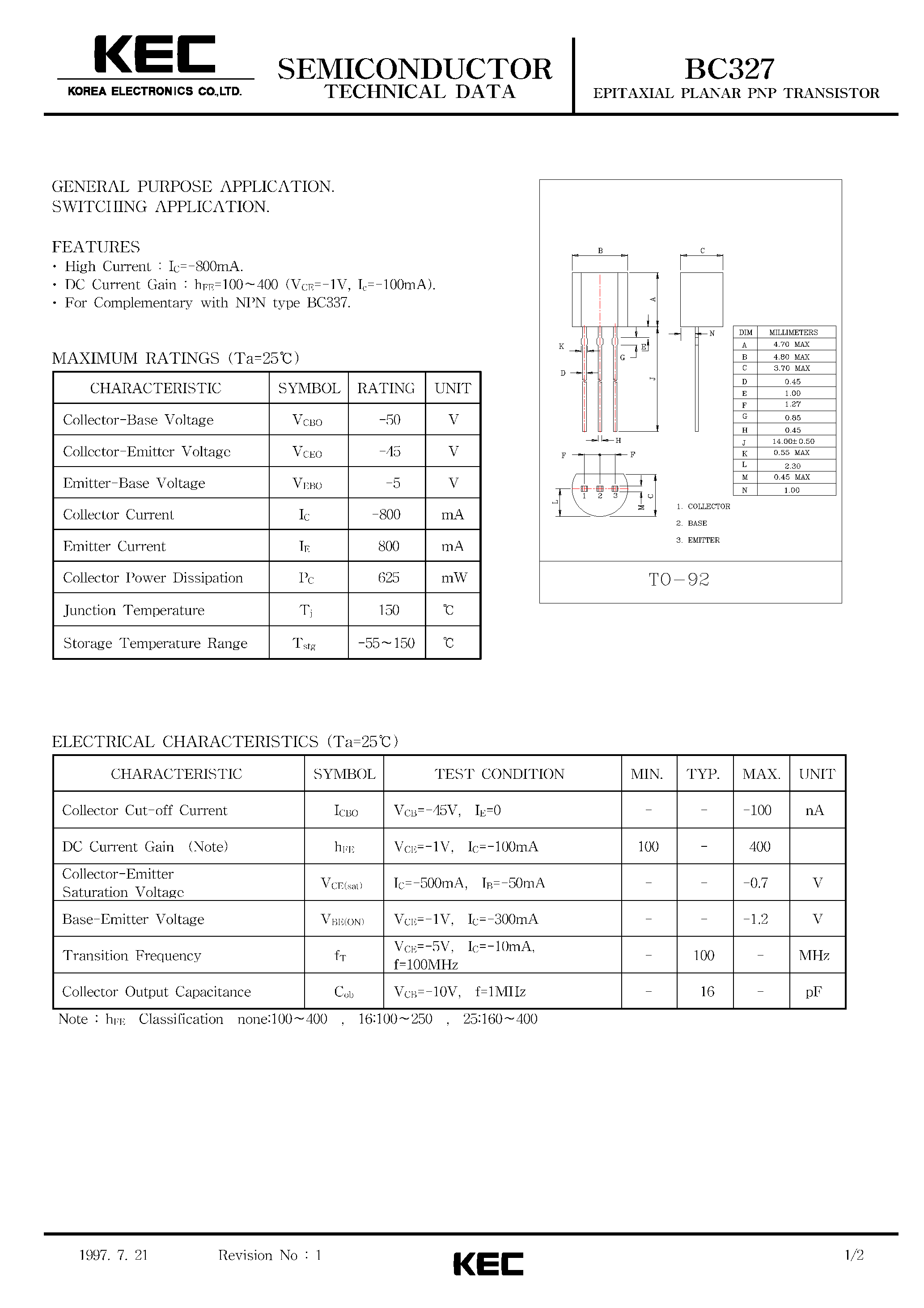 Datasheet BC327 - PNP SILICON AF MEDIUM POWER TRANSISTOR page 1