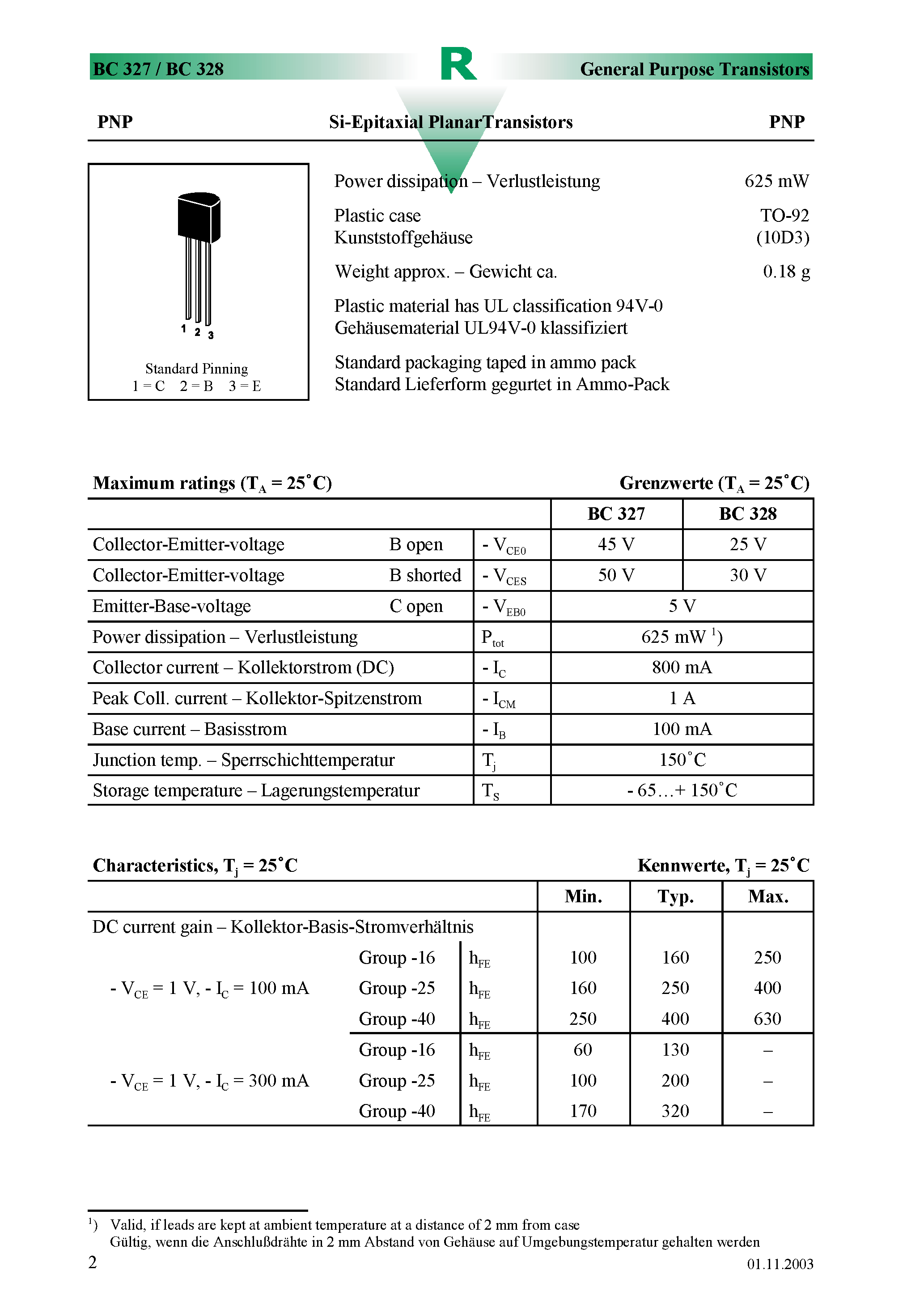 Datasheet BC327-16 - PNP general purpose transistor page 1