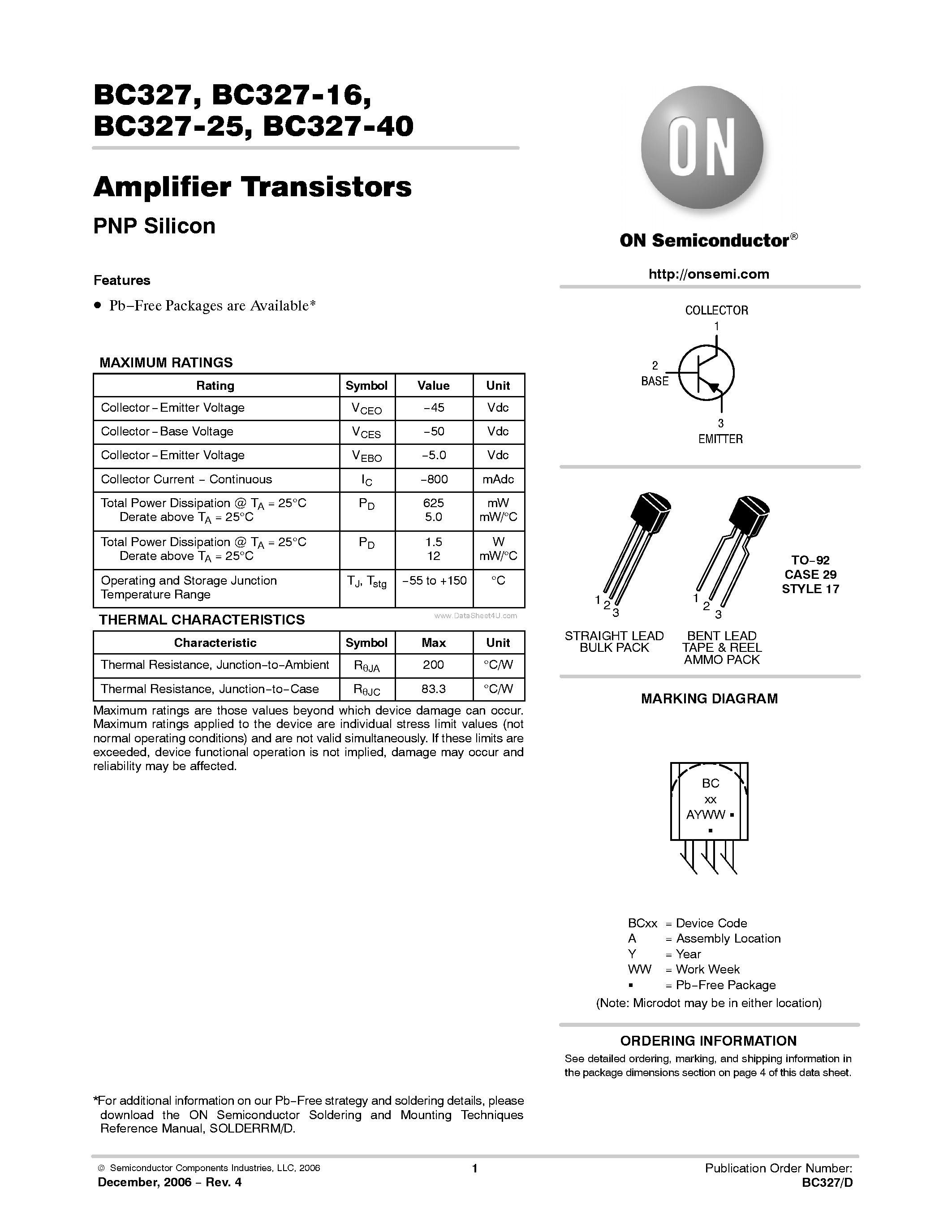 Datasheet BC327-16 - Amplifier Transistors(PNP Silicon) page 1