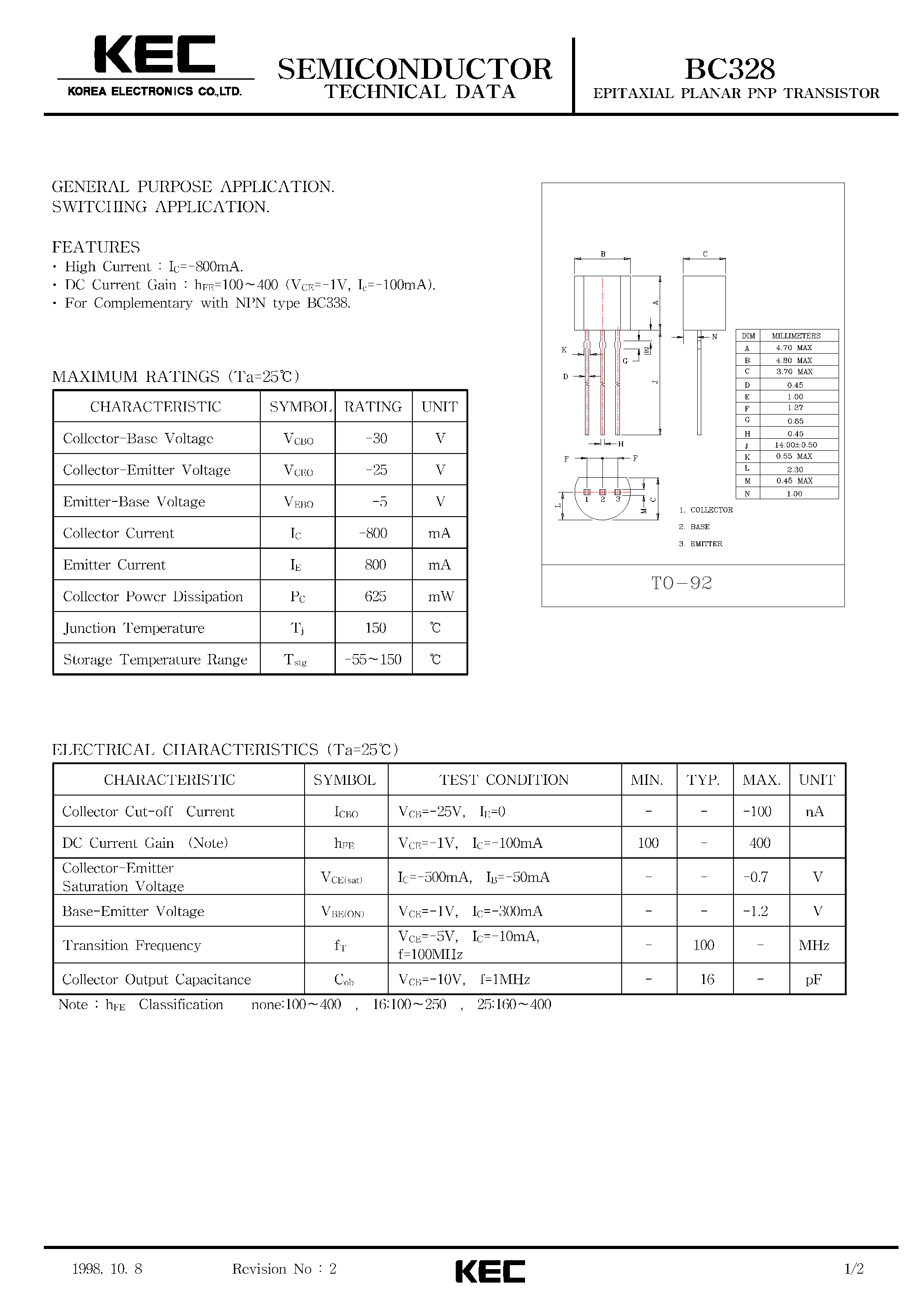 Datasheet BC328 - PNP EPITAXIAL SILICON TRANSISTOR page 1