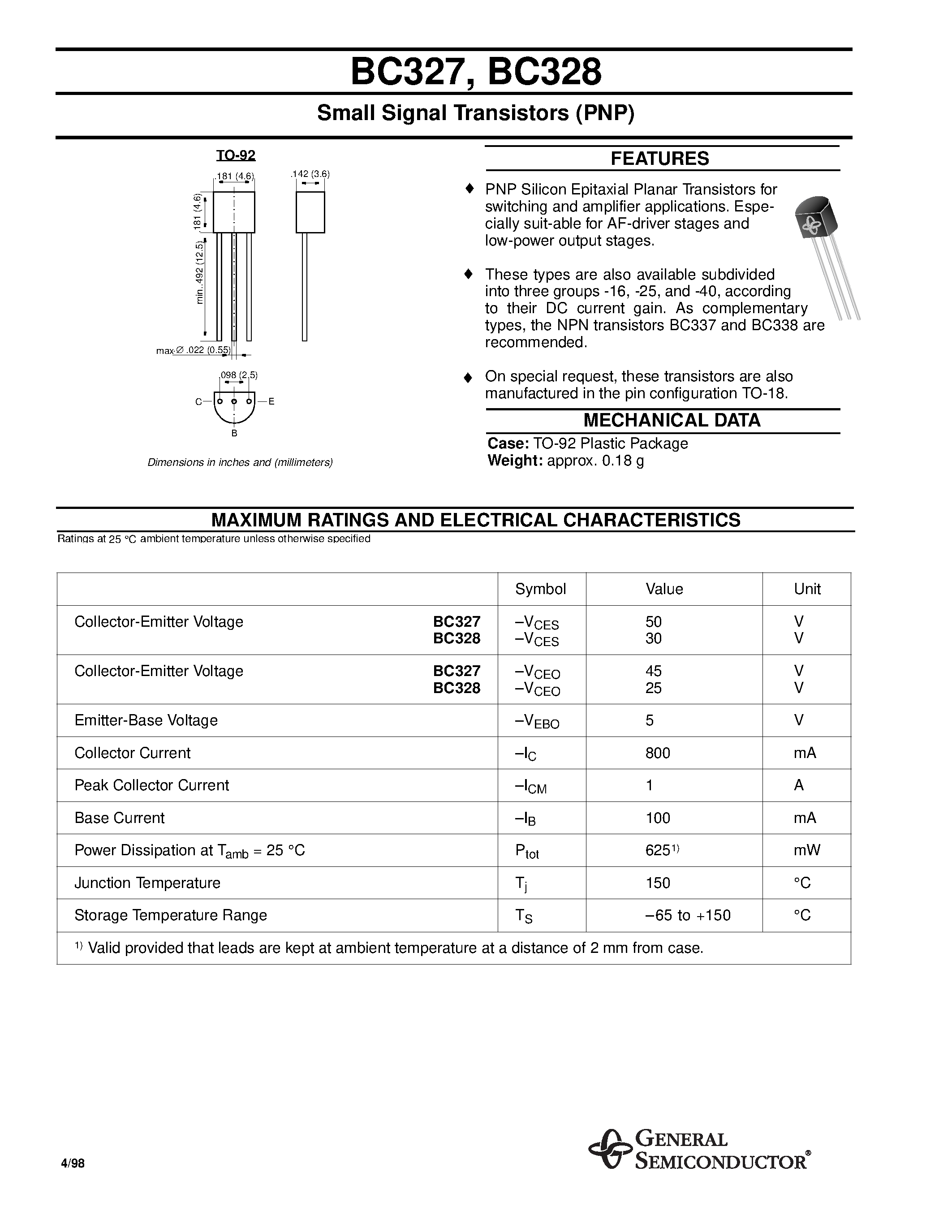 Даташит BC328 - PNP SILICON AF MEDIUM POWER TRANSISTOR страница 1