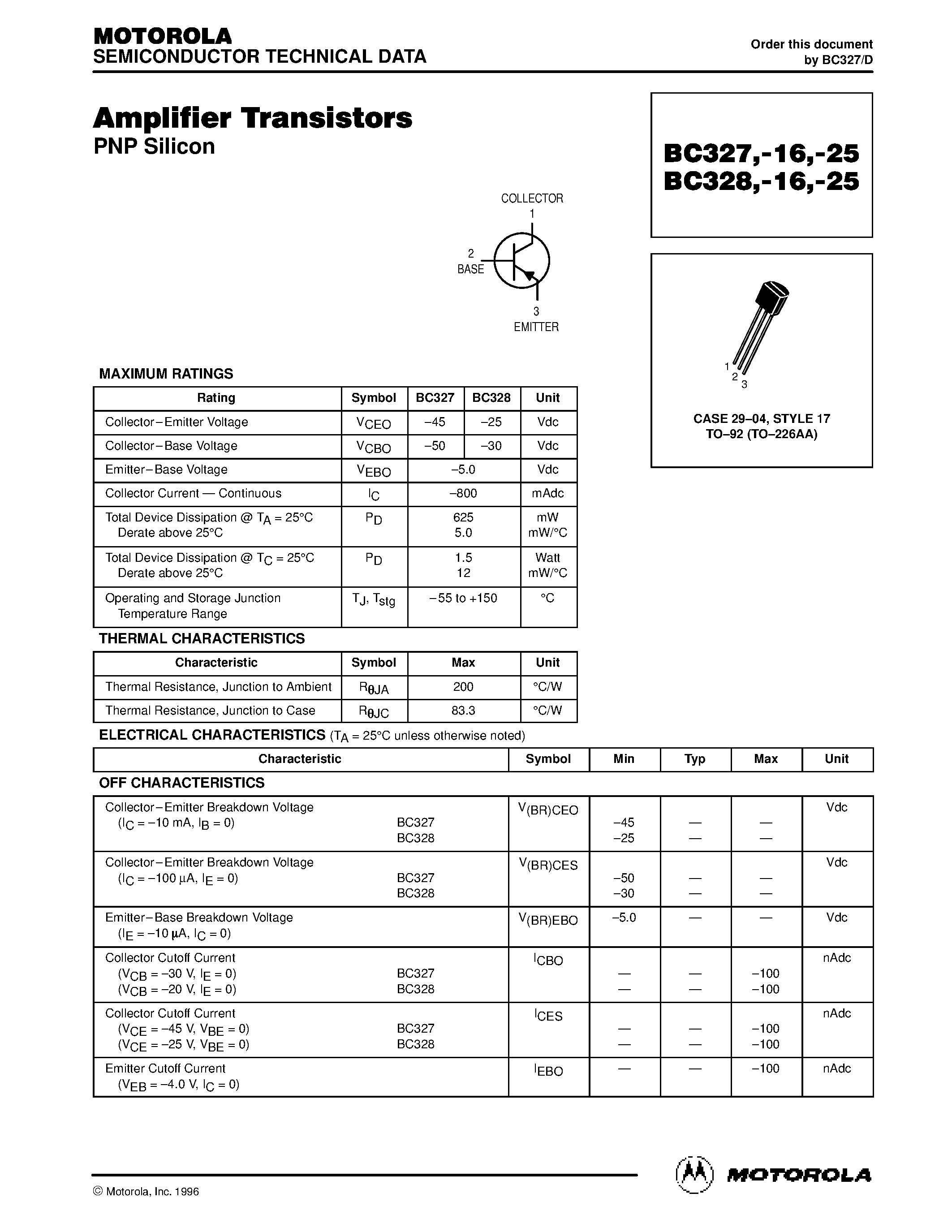 Даташит BC328-16 - Amplifier Transistors(PNP Silicon) страница 1