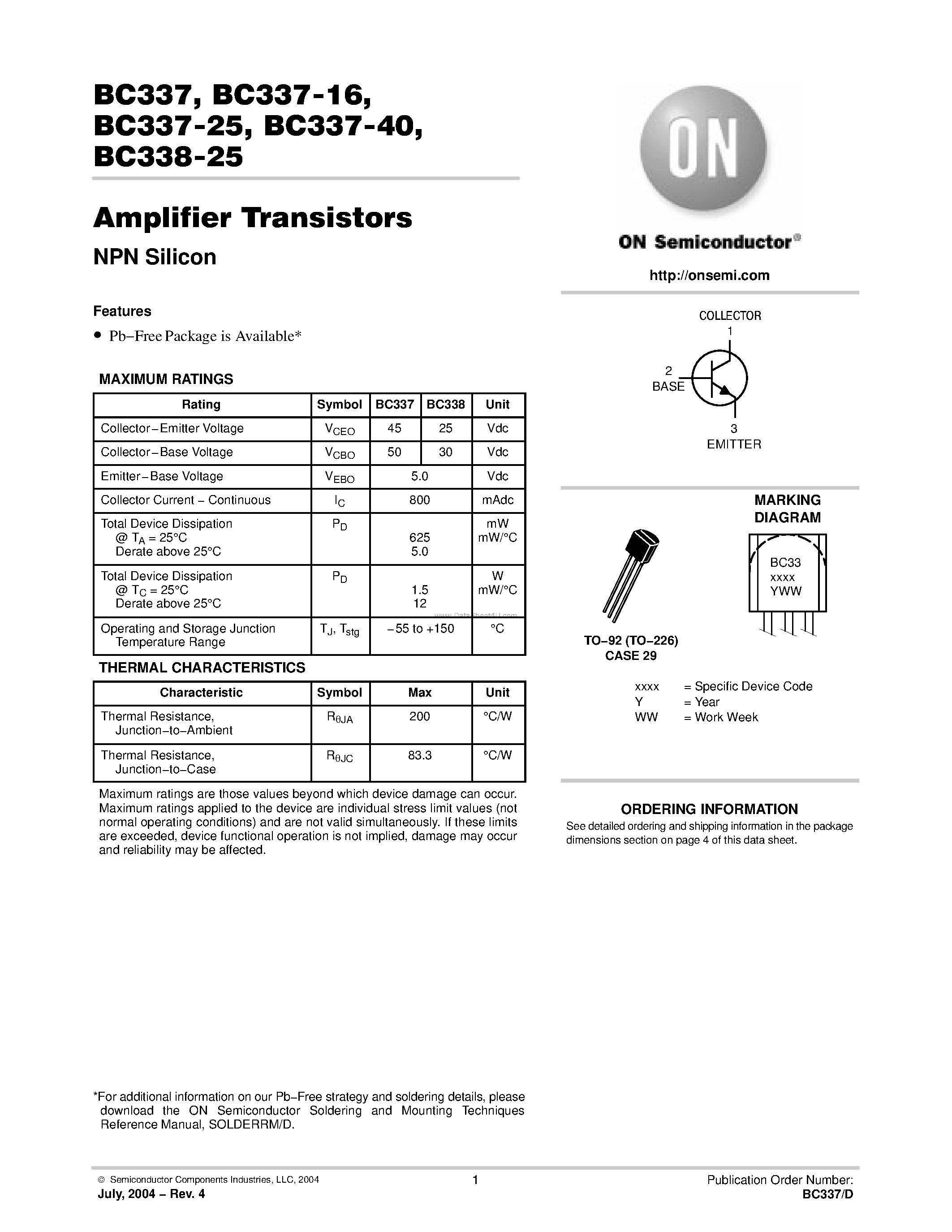 Даташит BC337 - Amplifier Transistors(NPN Silicon) страница 1