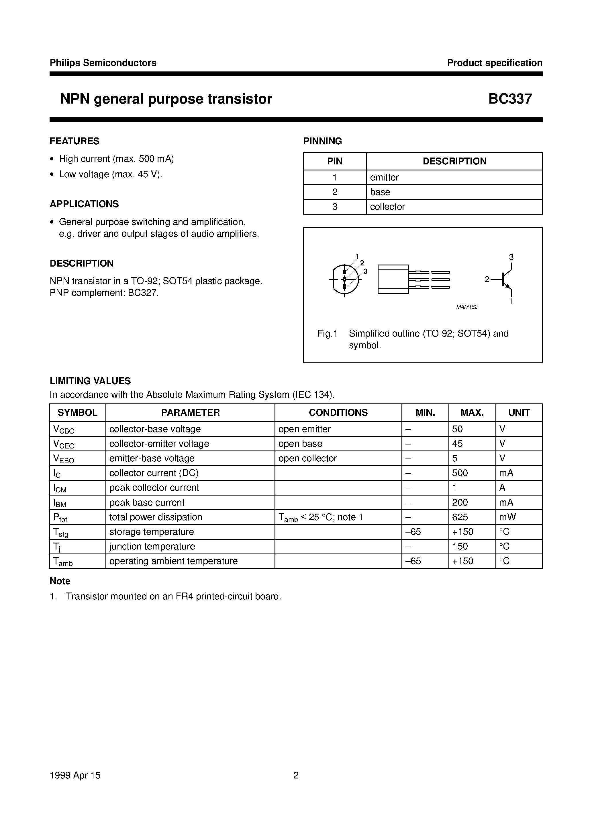 Datasheet BC337 - NPN Silicon Epitaxial Planar Transistor for switching and amplifier applications page 2