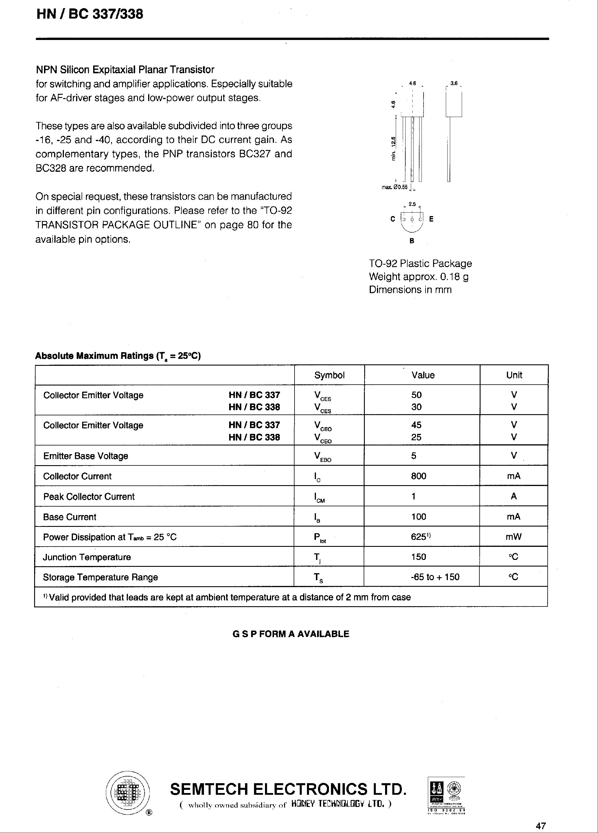 Даташит BC337 - NPN Silicon AF Transistors (High current gain High collector current Low collector-emitter saturation voltage) страница 1