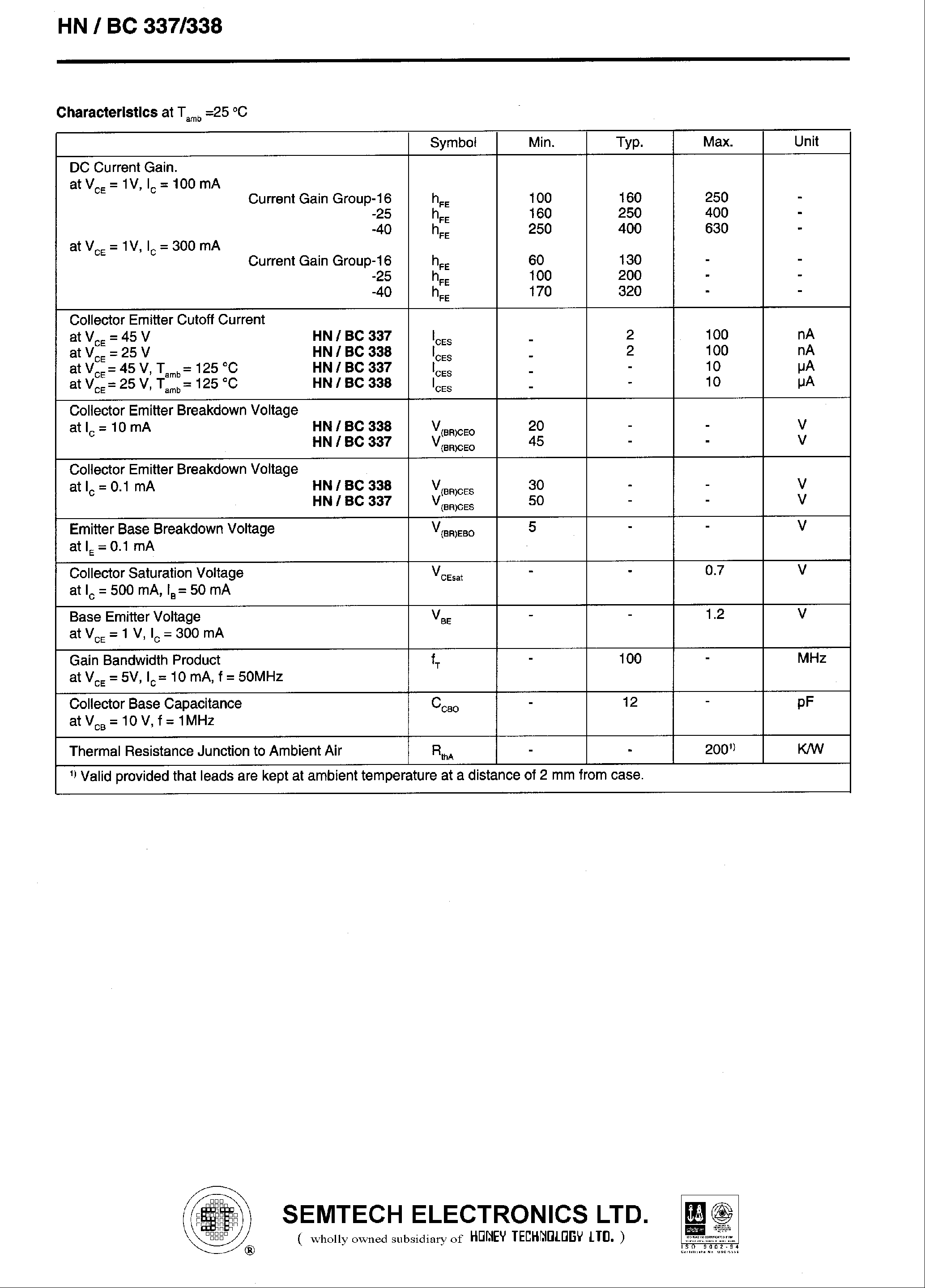 Даташит BC337 - NPN Silicon AF Transistors (High current gain High collector current Low collector-emitter saturation voltage) страница 2