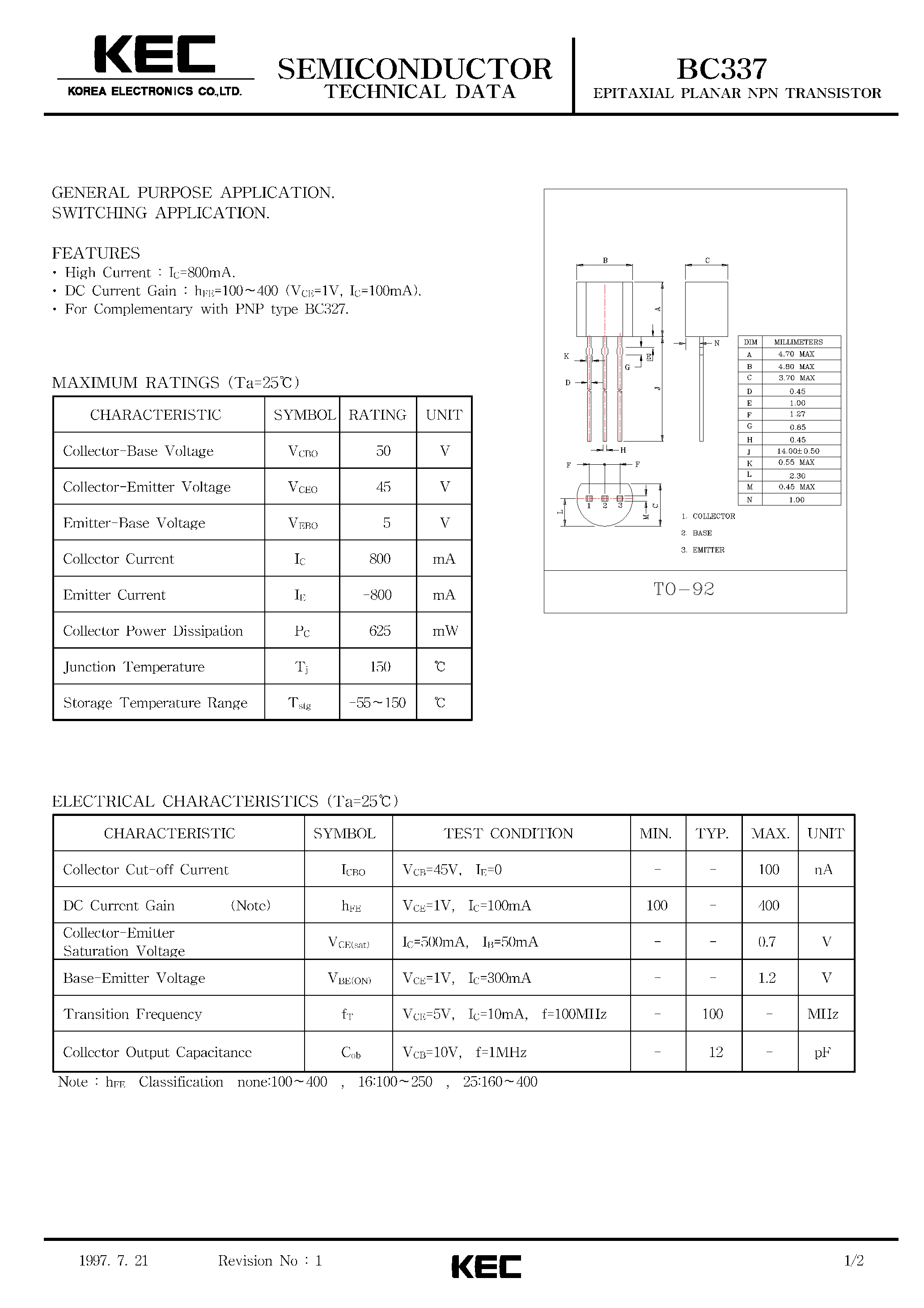 Datasheet BC337 - NPN SILICON AF MEDIUM POWER TRANSISTOR page 1