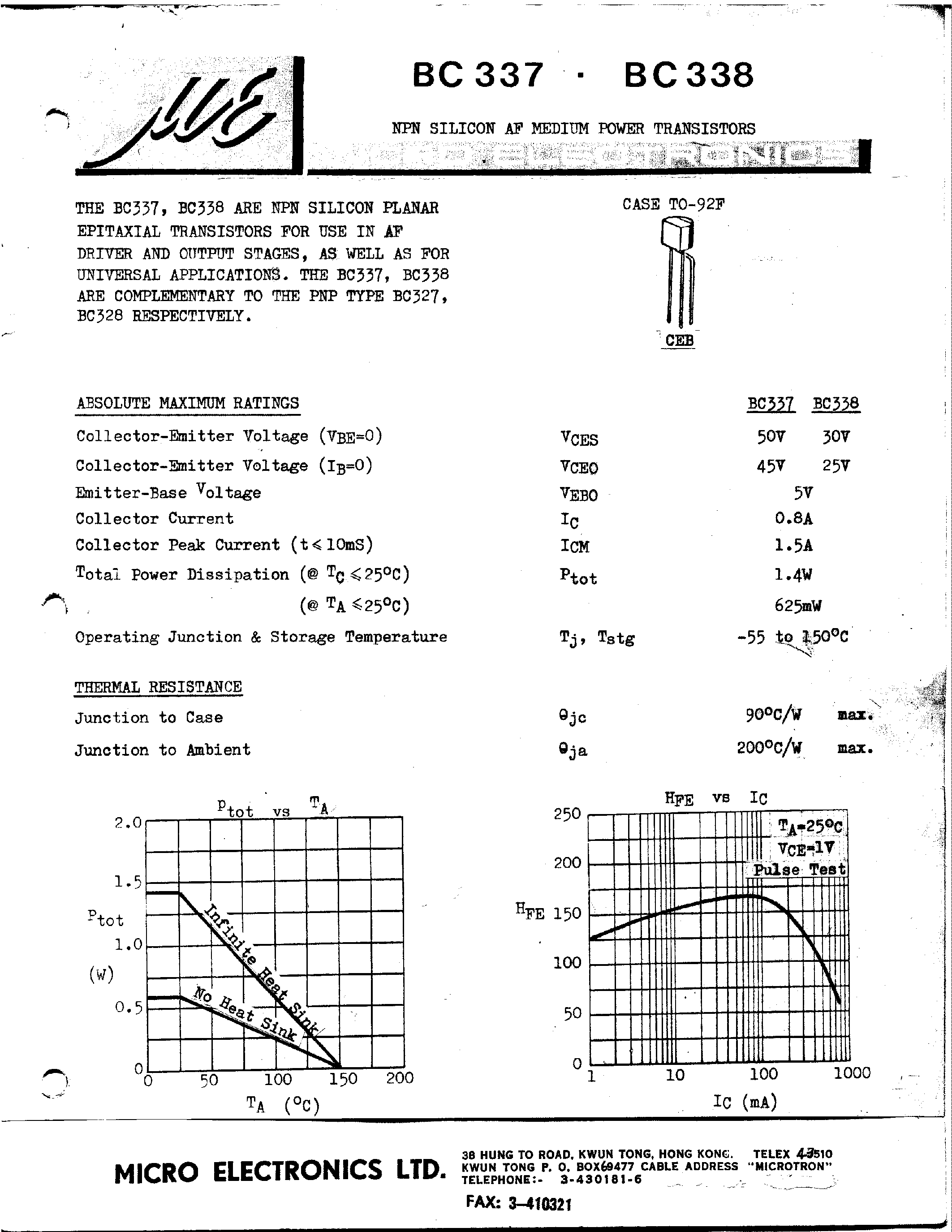 Даташит BC337 - Si-Epitaxial PlanarTransistors страница 1