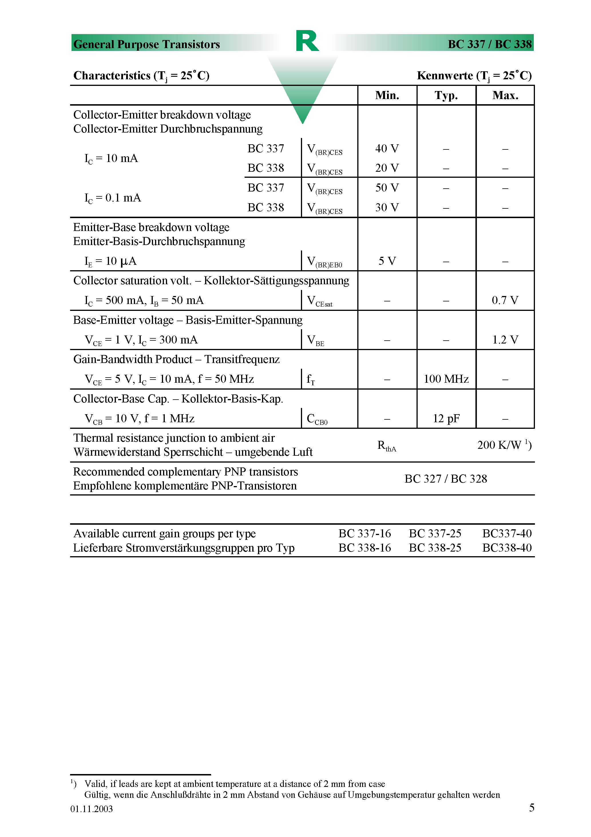 Даташит BC338 - EPITAXIAL PLANAR NPN TRANSISTOR (GENERAL PURPOSE/ SWITCHING) страница 2