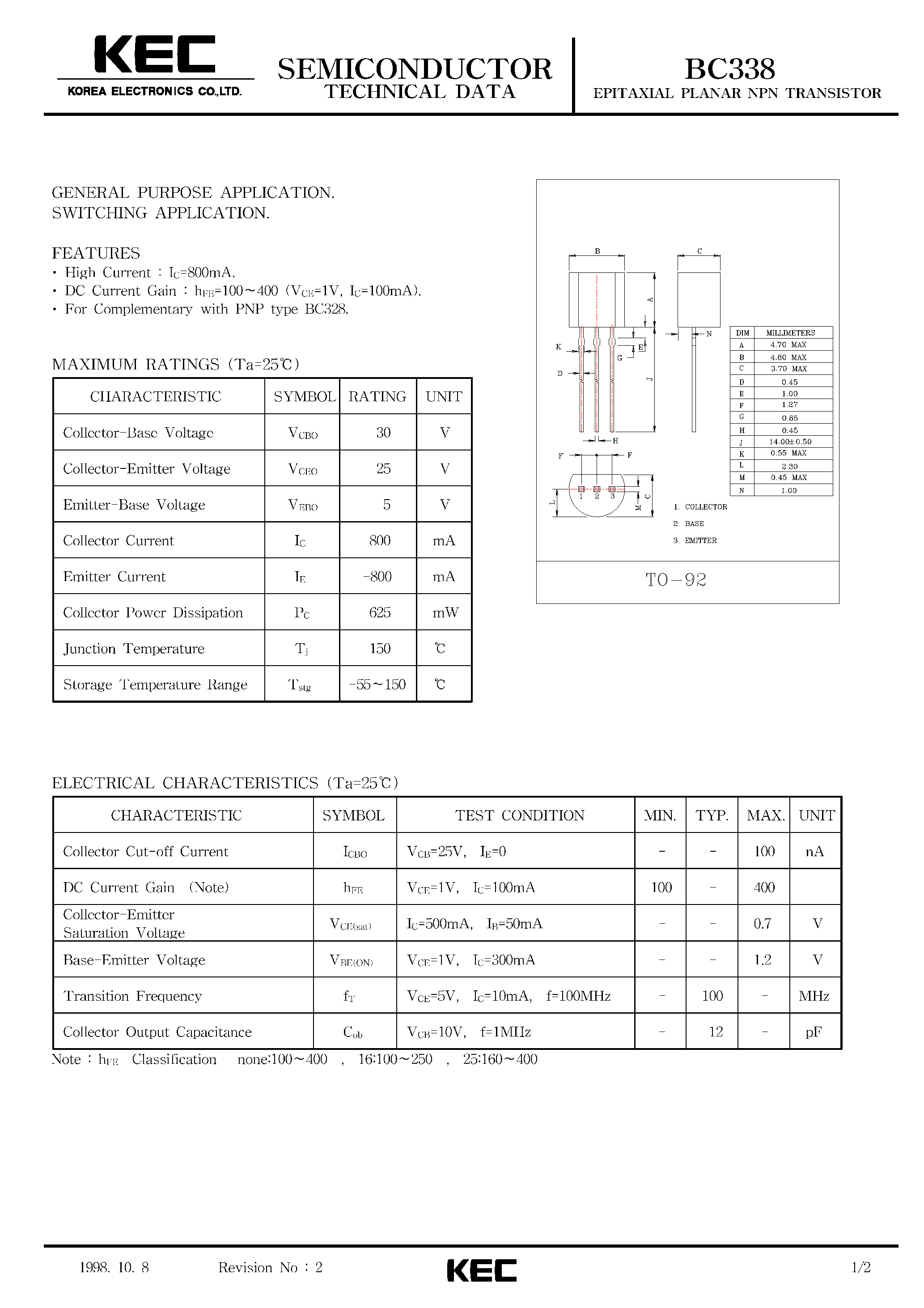 Даташит BC338 - SWITCHING AND AMPLIFIER APPLICATIONS страница 1