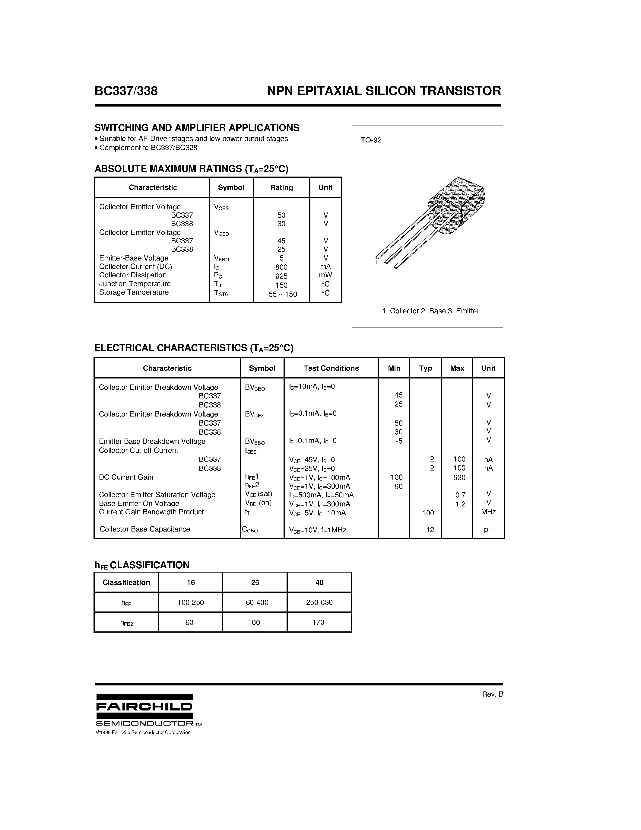 Datasheet BC338 - Amplifier Transistor page 1