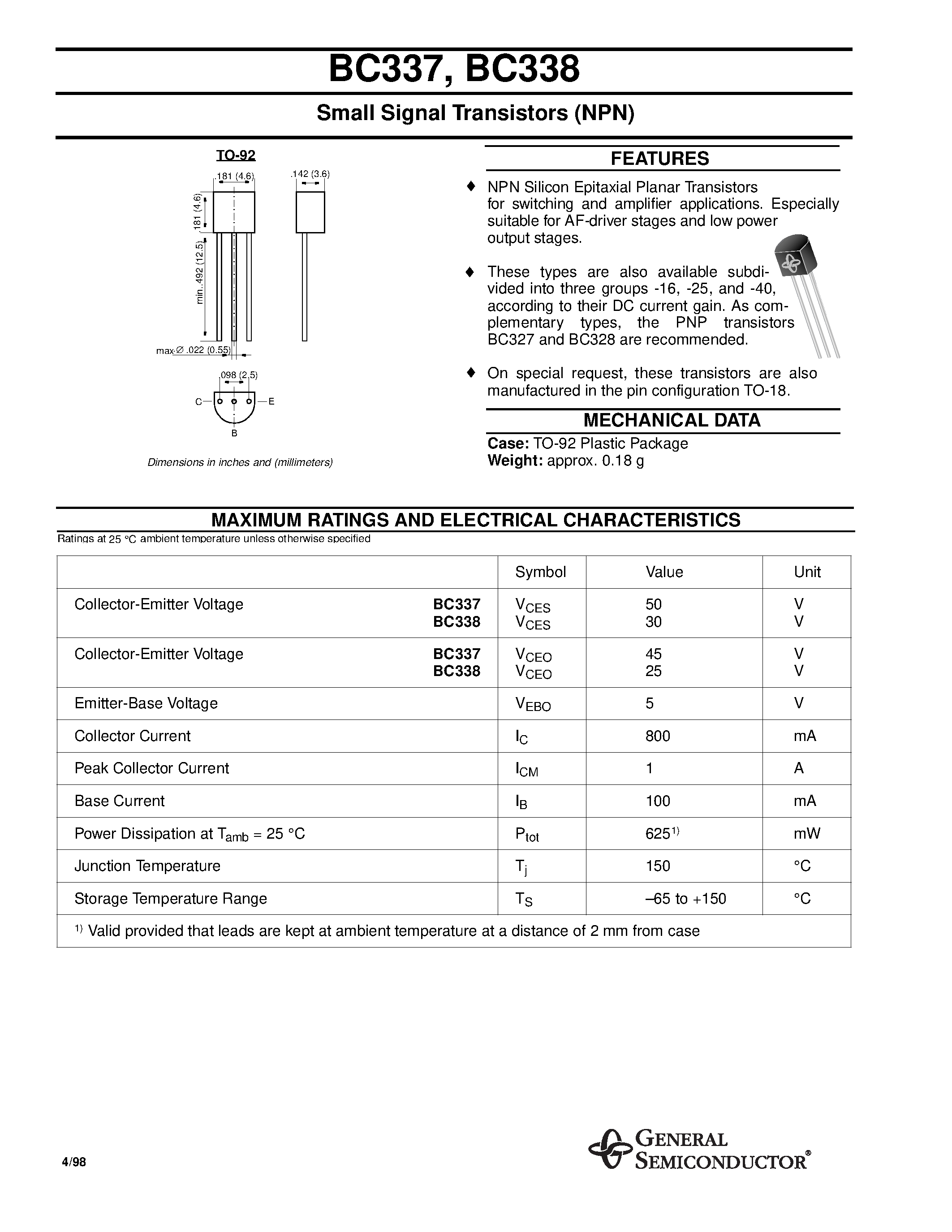 Datasheet BC338 - NPN Silicon AF Transistors (High current gain High collector current Low collector-emitter saturation voltage) page 1