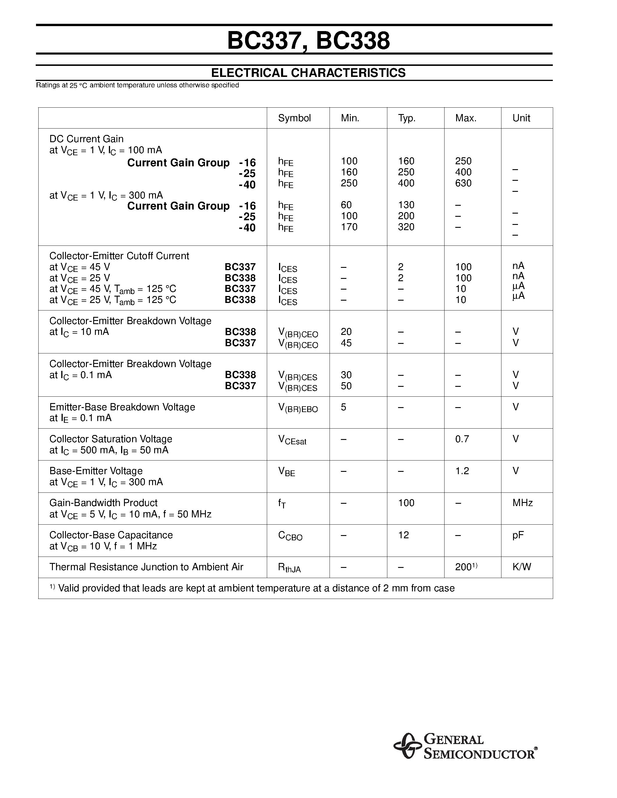 Datasheet BC338 - NPN Silicon AF Transistors (High current gain High collector current Low collector-emitter saturation voltage) page 2
