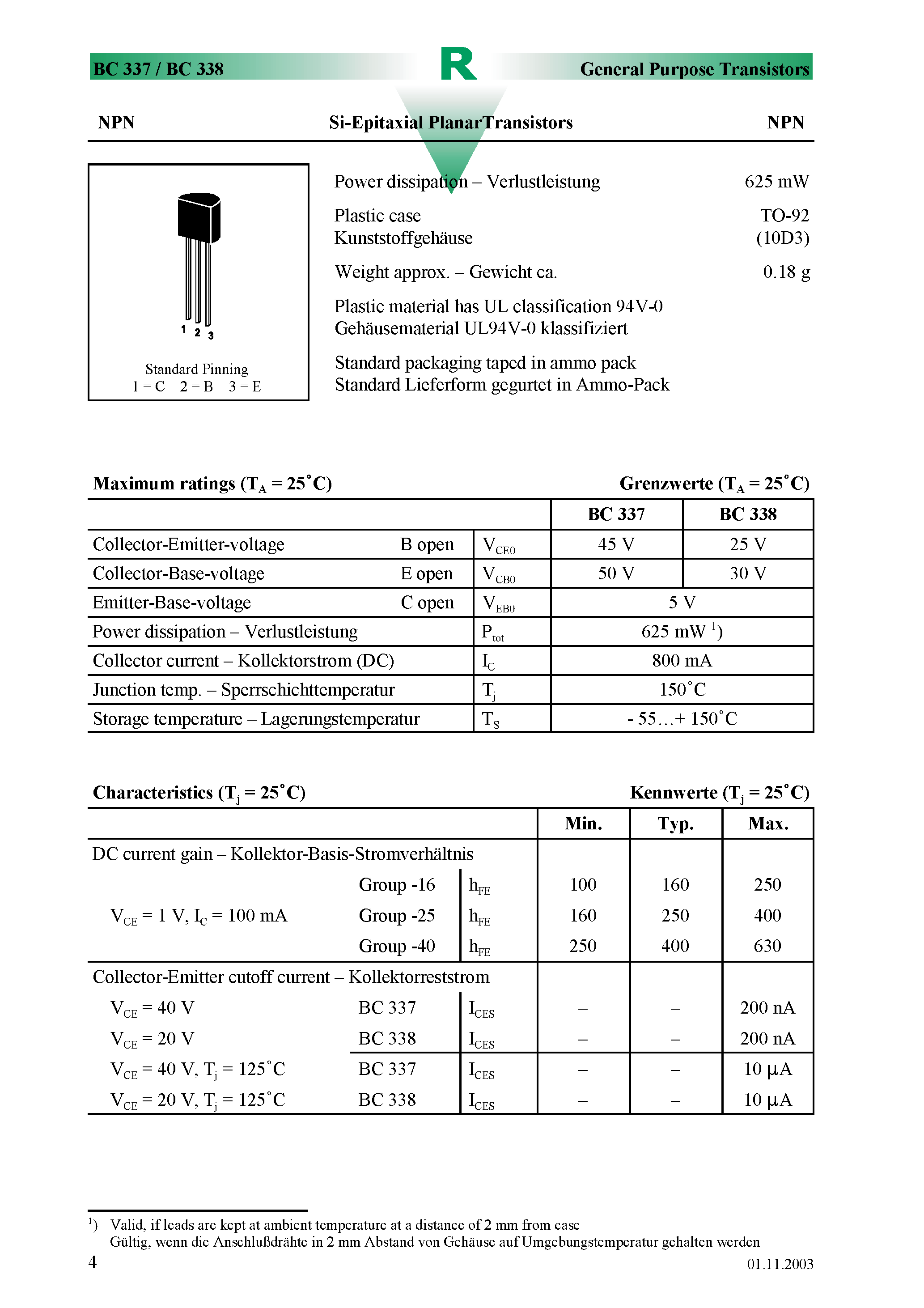 Datasheet BC338-16 - Amplifier Transistor page 1