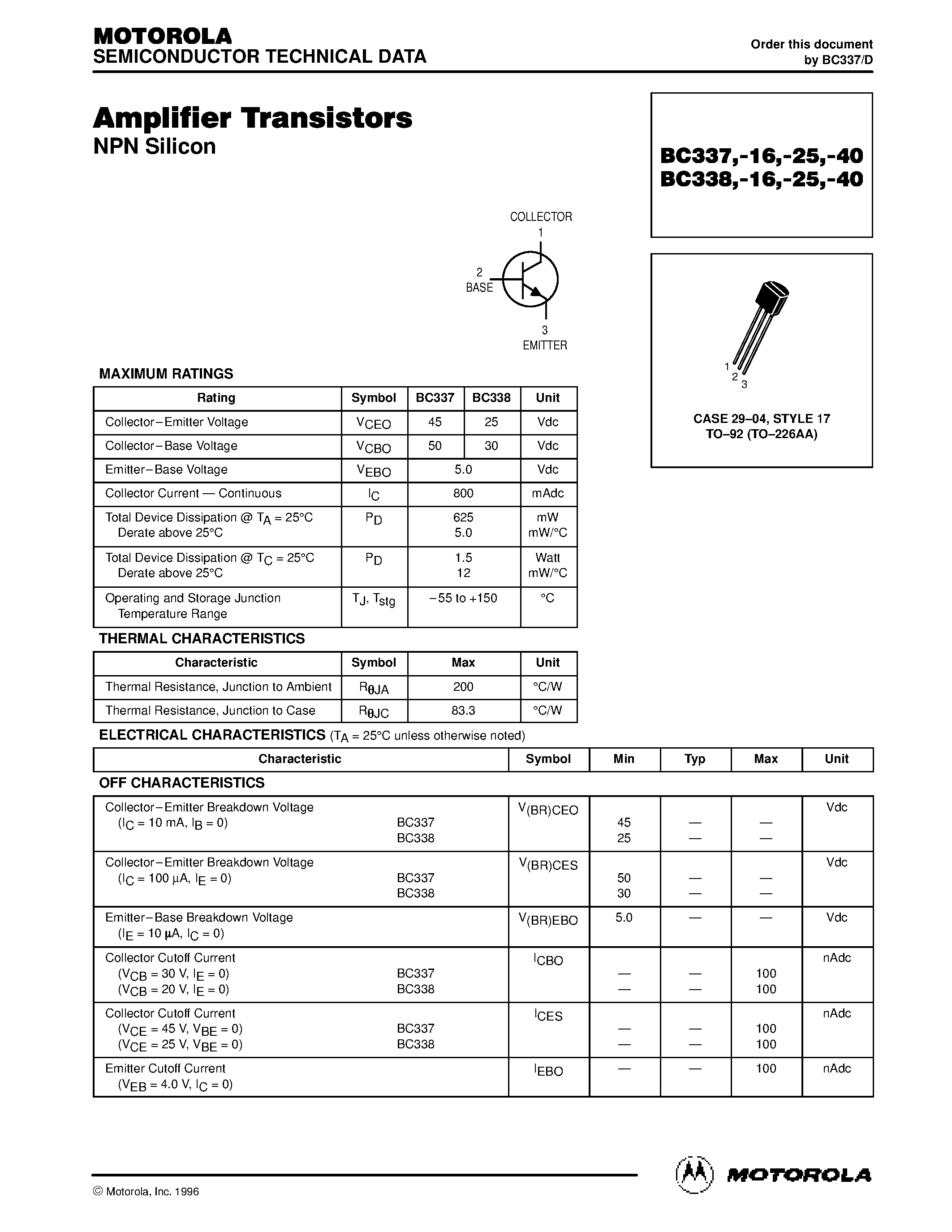 Datasheet BC338-16 - Amplifier Transistors(NPN Silicon) page 1